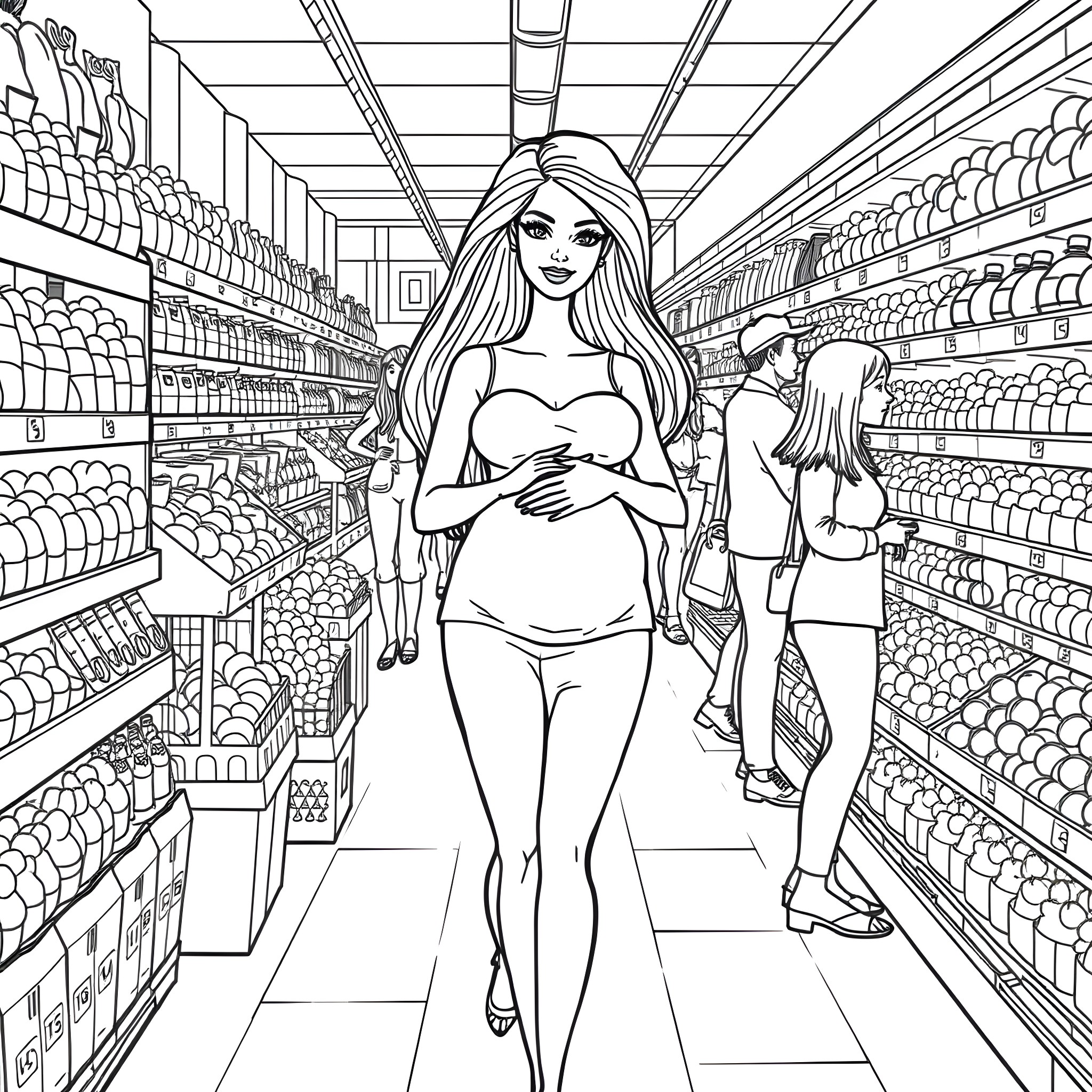 Barbie Shopping in the Supermarket Coloring Page (free black-and-white line drawing printable PDF for all, from beginners to advanced learners, including children, teens, adults, and seniors)