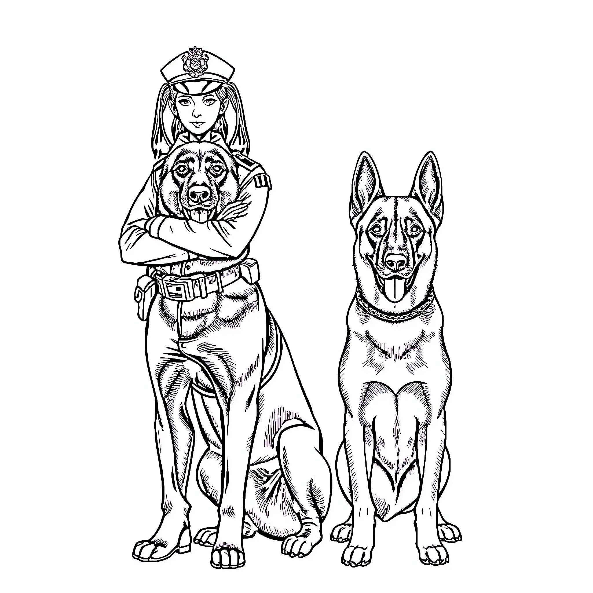 Belgian Malinois canine officer with uniformed handler Coloring Page (free black-and-white line drawing printable PDF for all, from beginners to advanced learners, including children, teens, adults, and seniors)