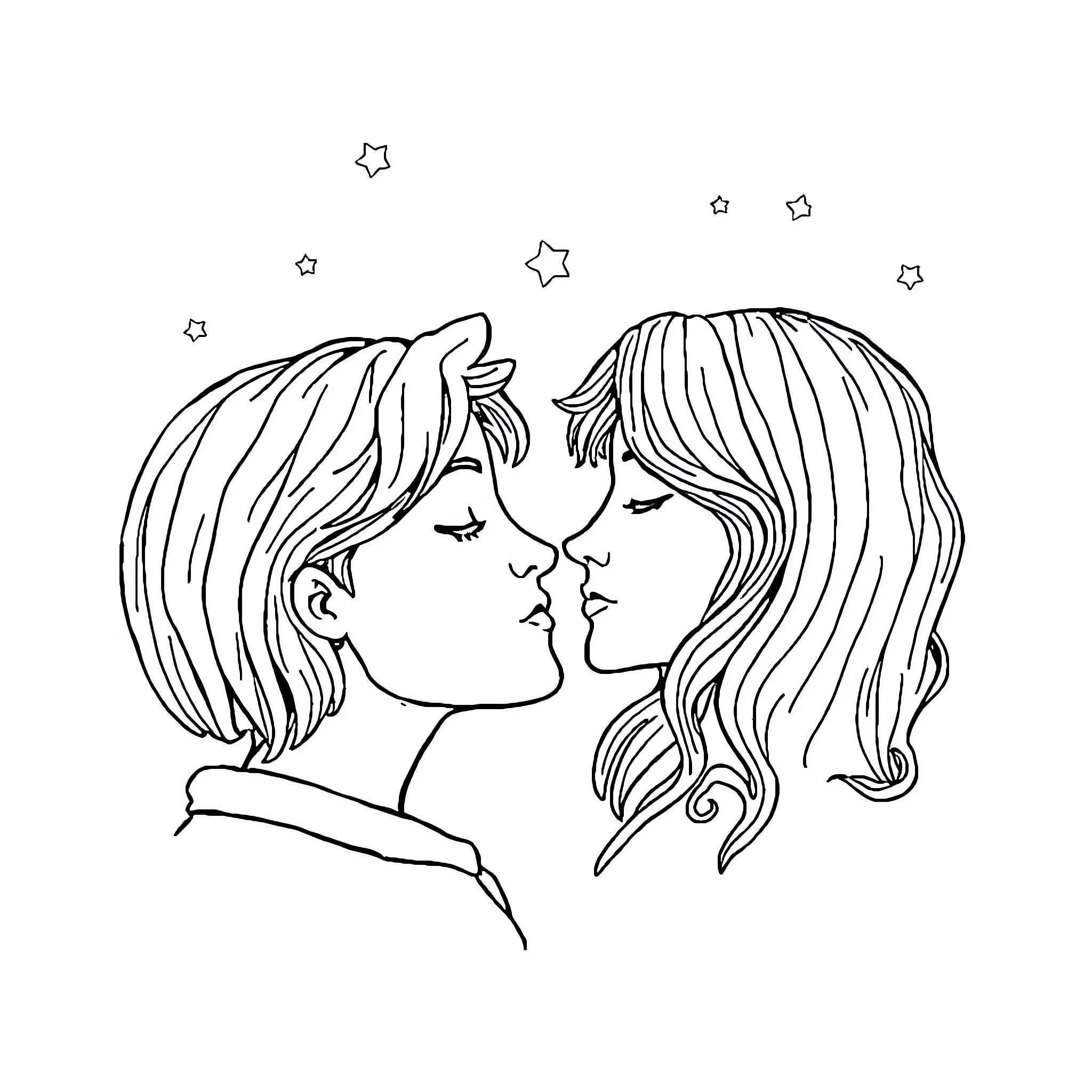 Acceptance of Intimate Connection under the Stars Coloring Page (free black-and-white line drawing printable PDF for all, from beginners to advanced learners, including children, teens, adults, and seniors)