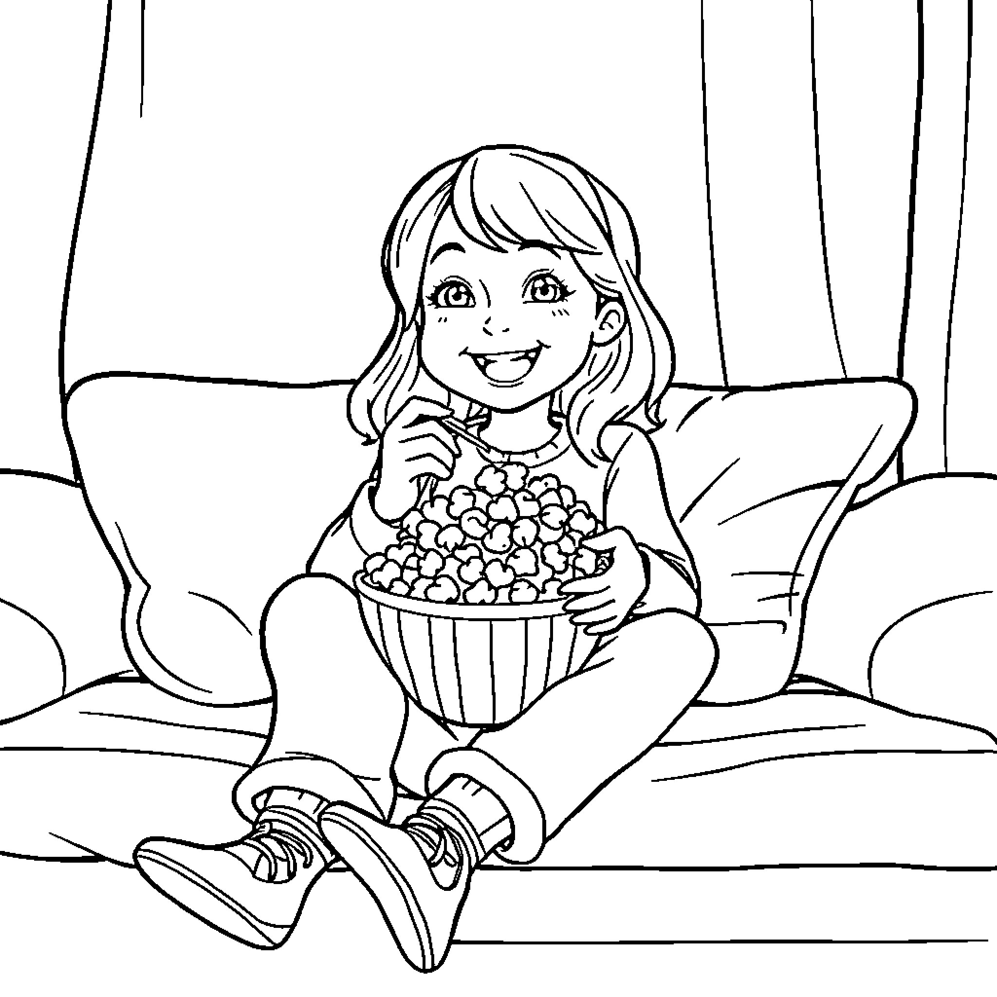 Girl enjoying a snack on the couch Coloring Page (free black-and-white line drawing printable PDF for all, from beginners to advanced learners, including children, teens, adults, and seniors)