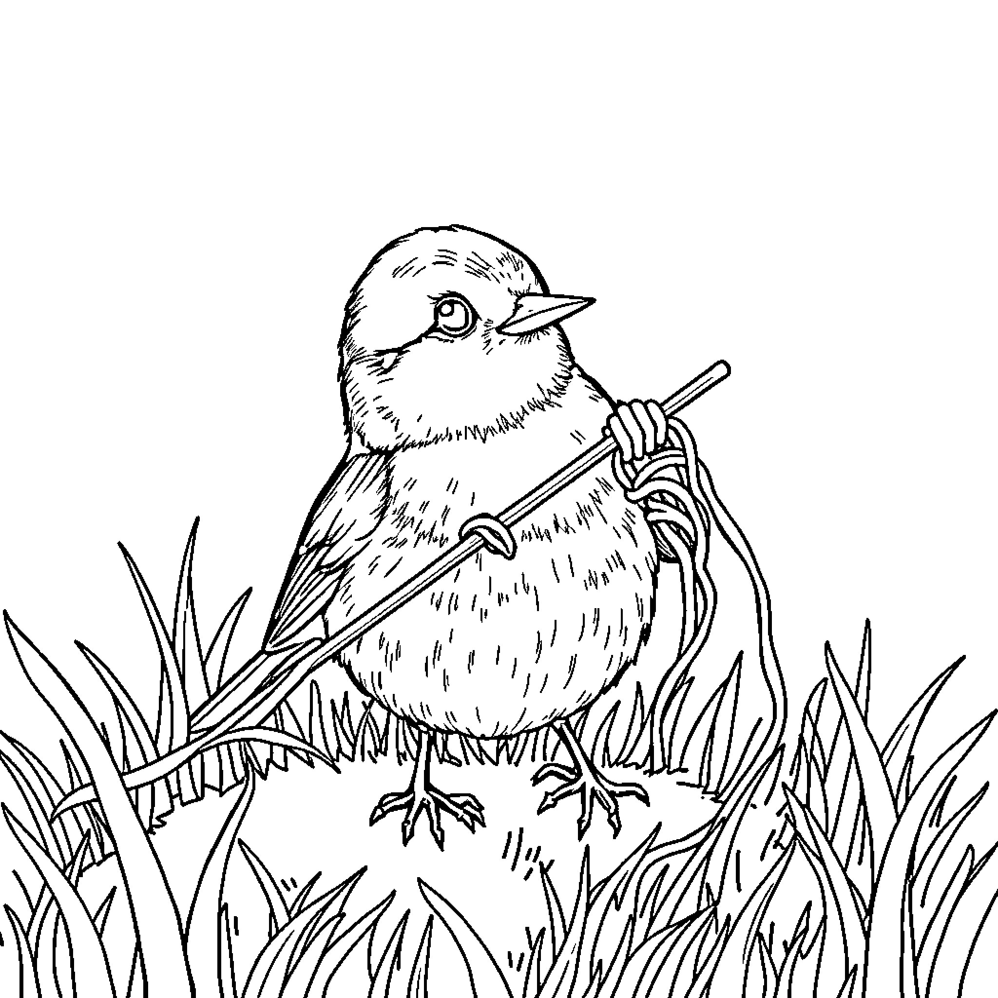 Robin perched on a branch in the grass Coloring Page (free black-and-white line drawing printable PDF for all, from beginners to advanced learners, including children, teens, adults, and seniors)