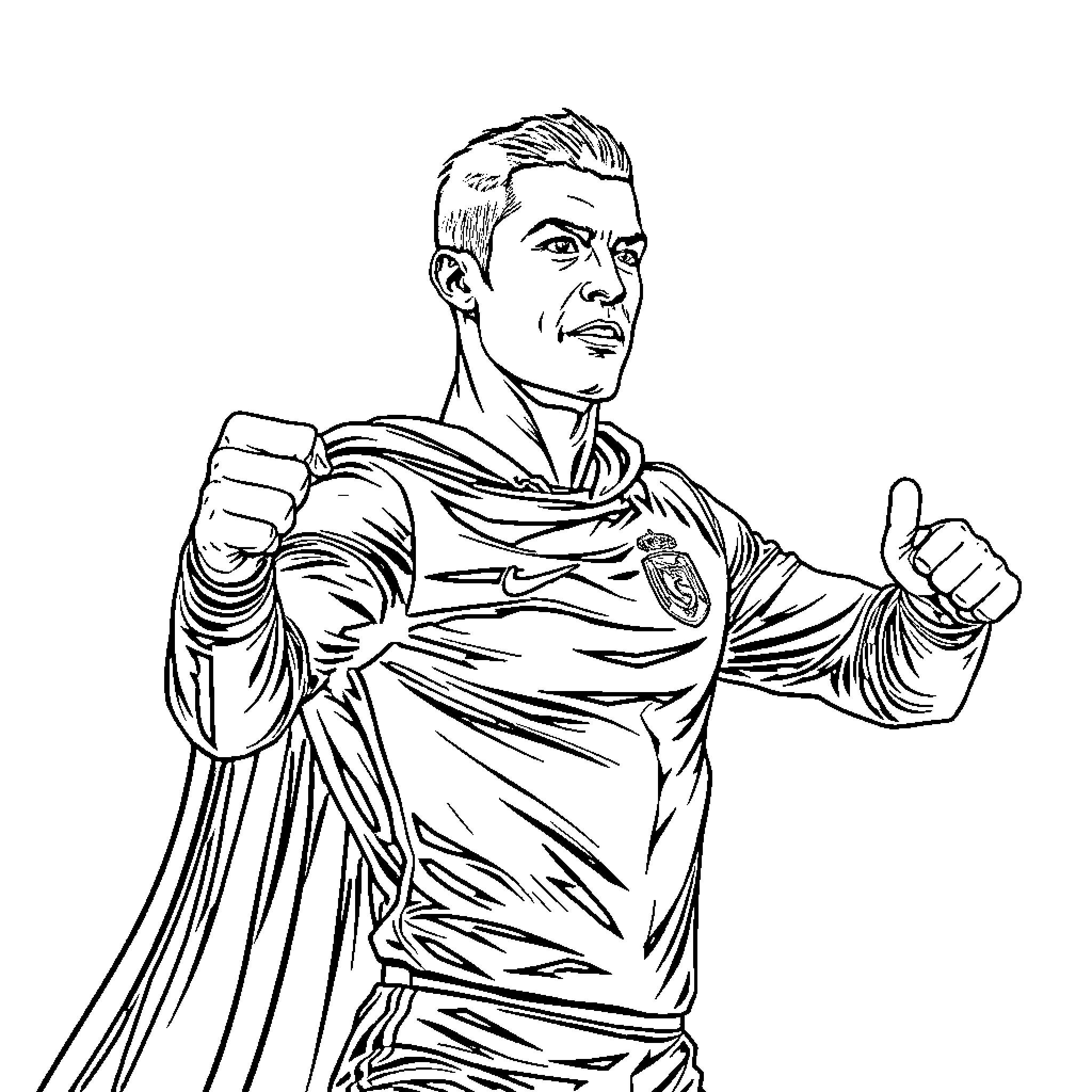 Cristiano Ronaldo Celebrating with Fist Pump Gesture Coloring Page (free black-and-white line drawing printable PDF for all, from beginners to advanced learners, including children, teens, adults, and seniors)