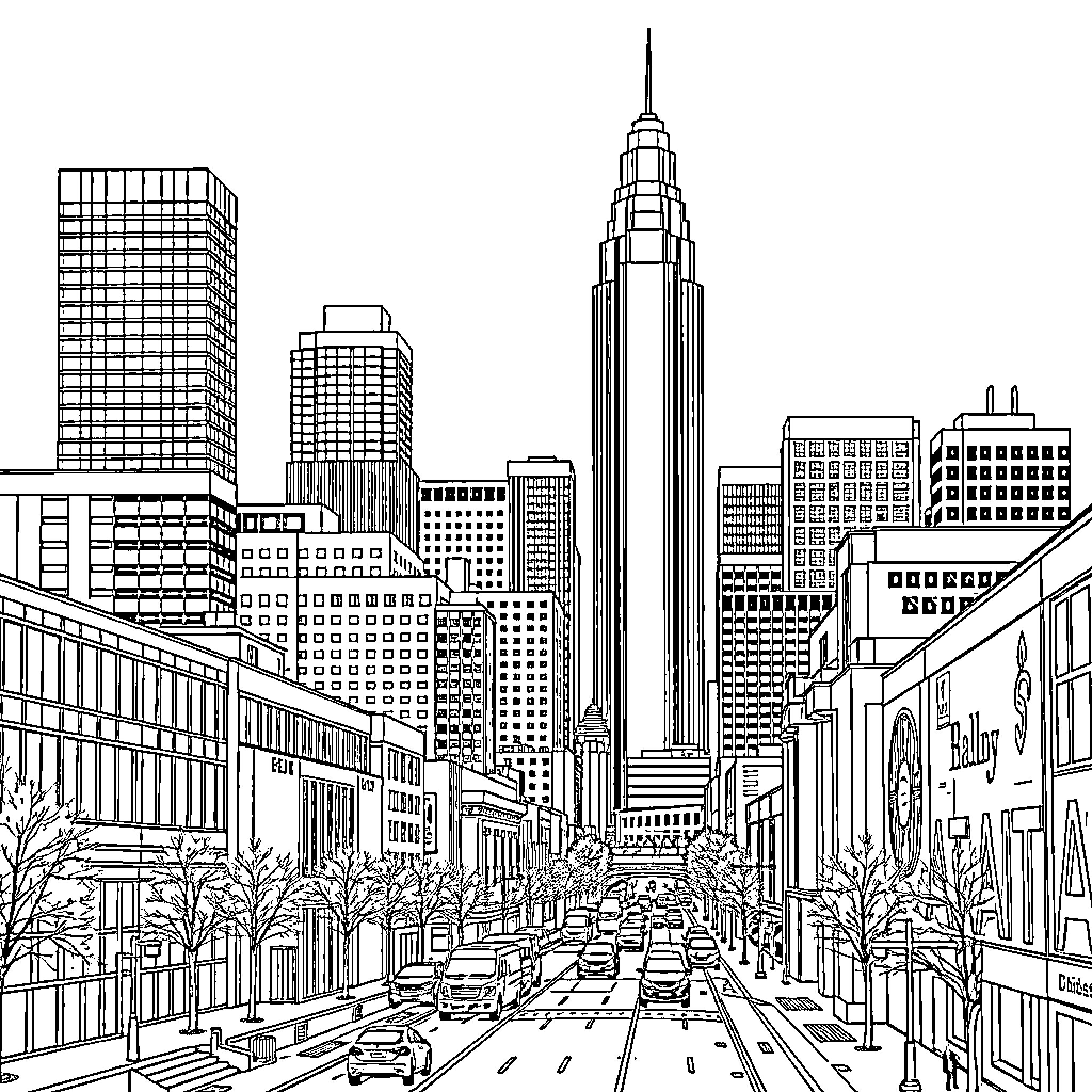 Atlanta cityscaper with tall buildings and busy streets Coloring Page (free black-and-white line drawing printable PDF for all, from beginners to advanced learners, including children, teens, adults, and seniors)