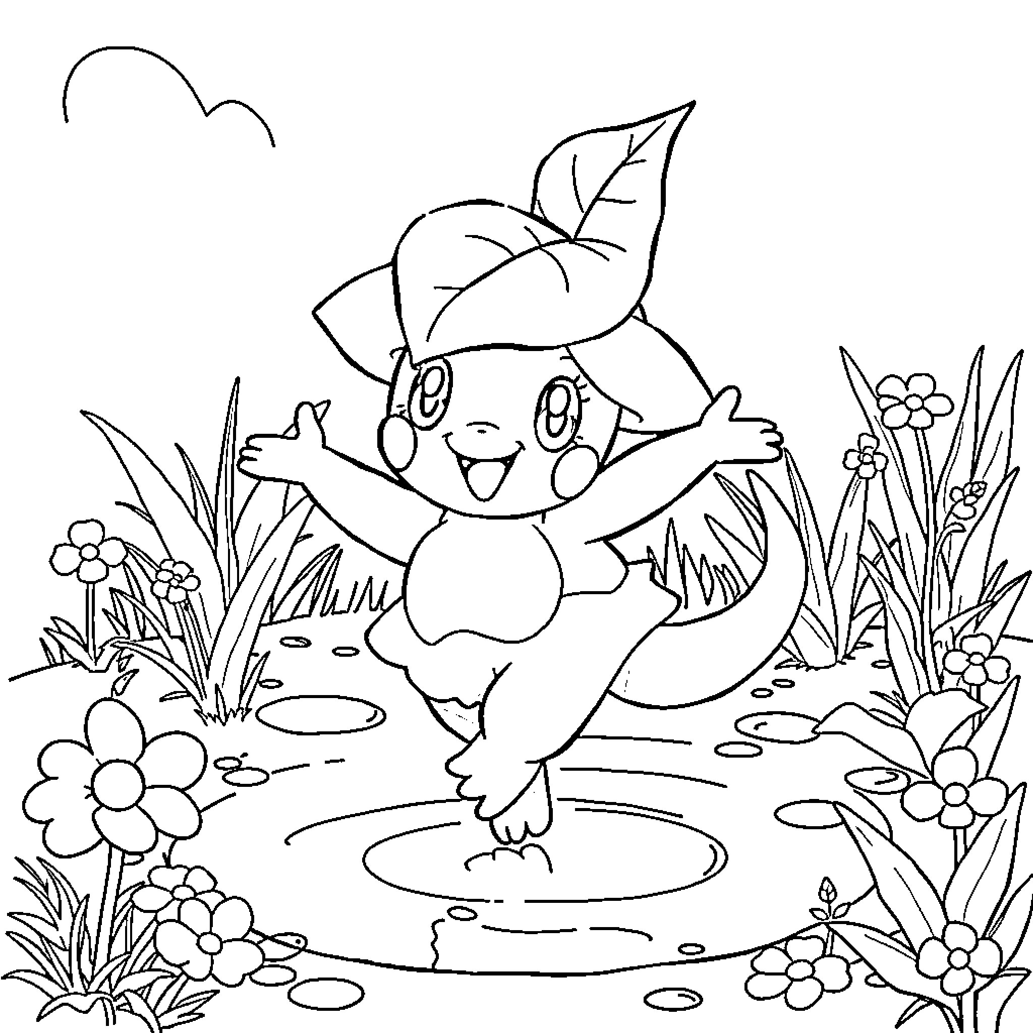 Ludicolo enjoying a playful moment in nature Coloring Page (free black-and-white line drawing printable PDF for all, from beginners to advanced learners, including children, teens, adults, and seniors)