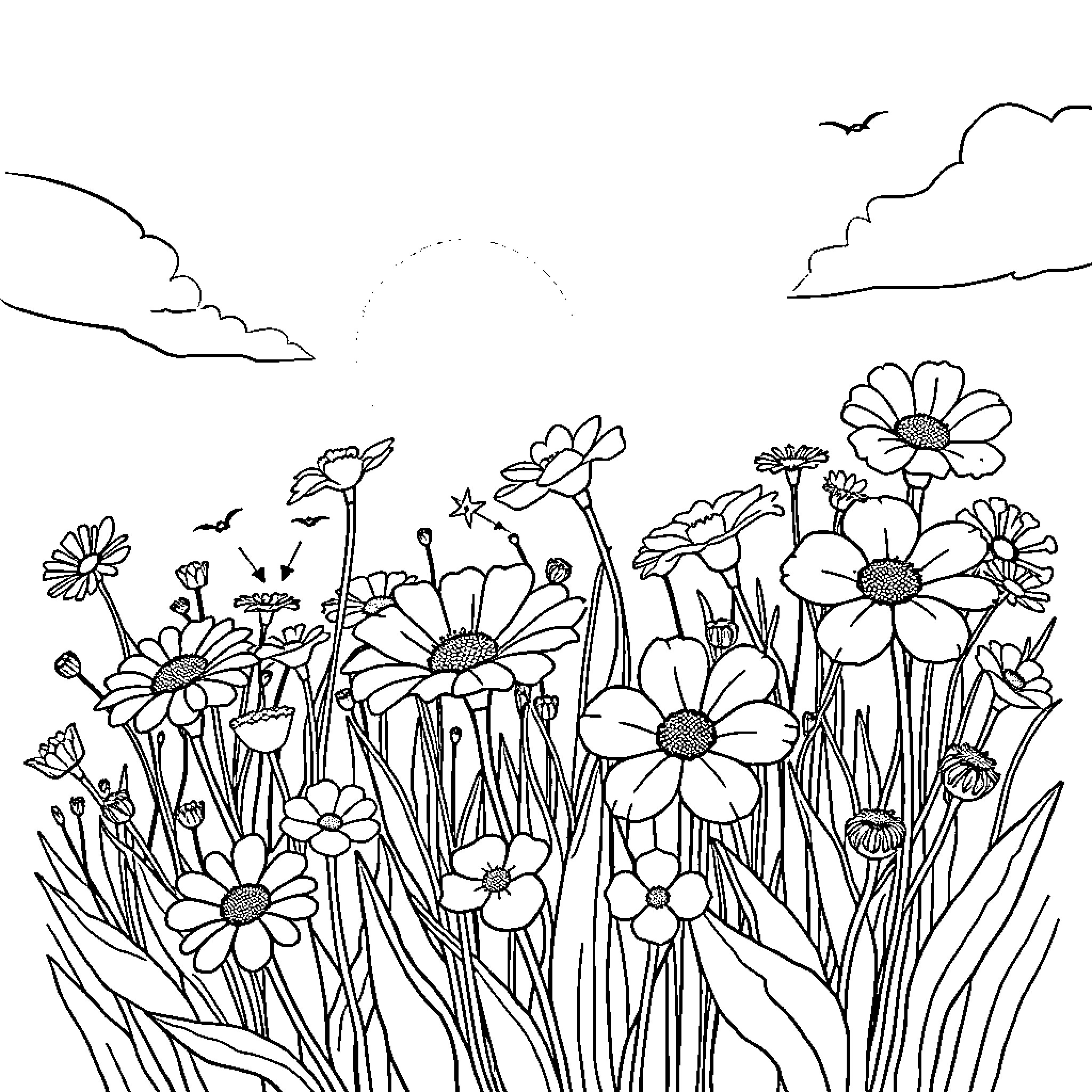 Flower field with whimsical shapes and scenes Coloring Page (free black-and-white line drawing printable PDF for all, from beginners to advanced learners, including children, teens, adults, and seniors)