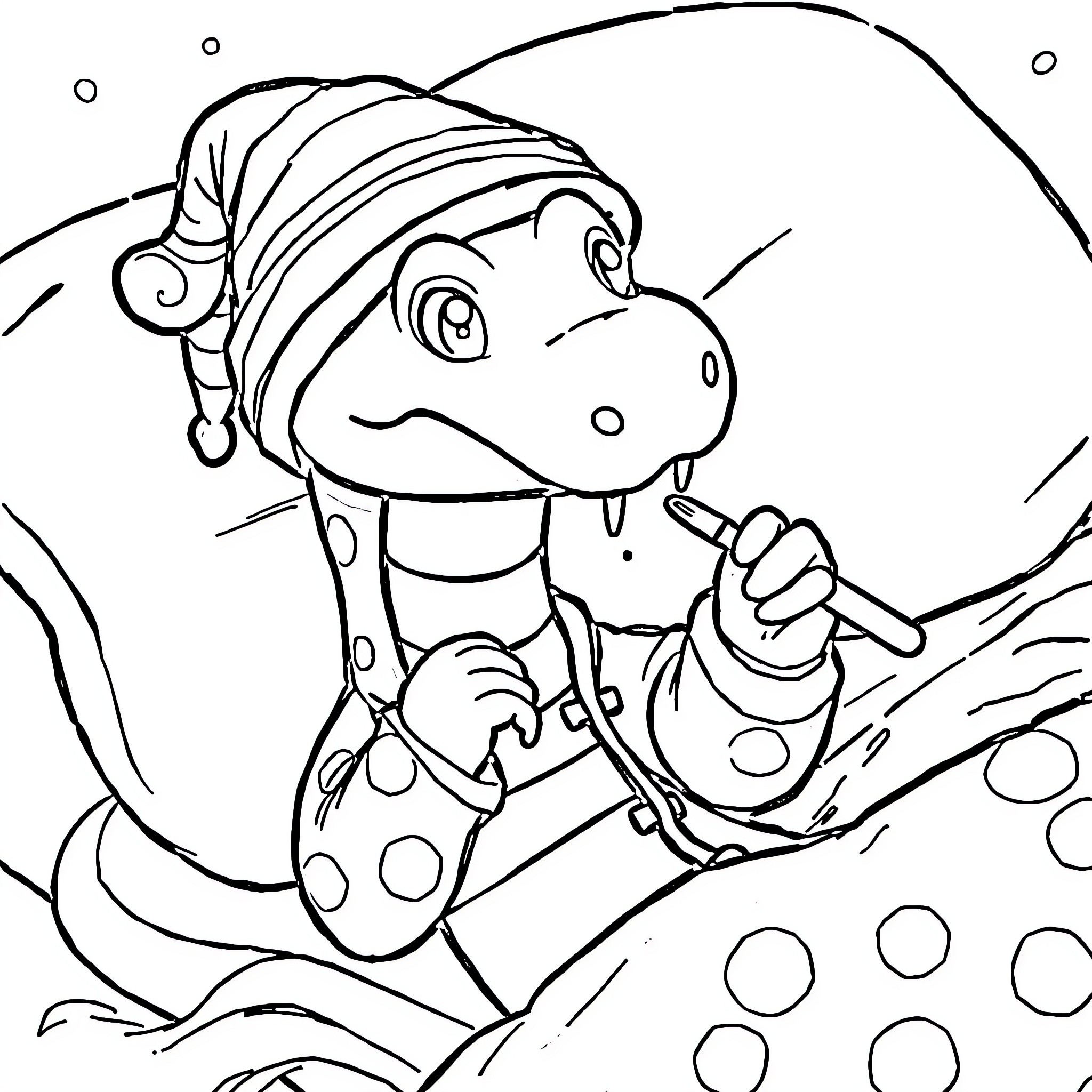 Snake character enjoying playful winter activities Coloring Page (free black-and-white line drawing printable PDF for all, from beginners to advanced learners, including children, teens, adults, and seniors)