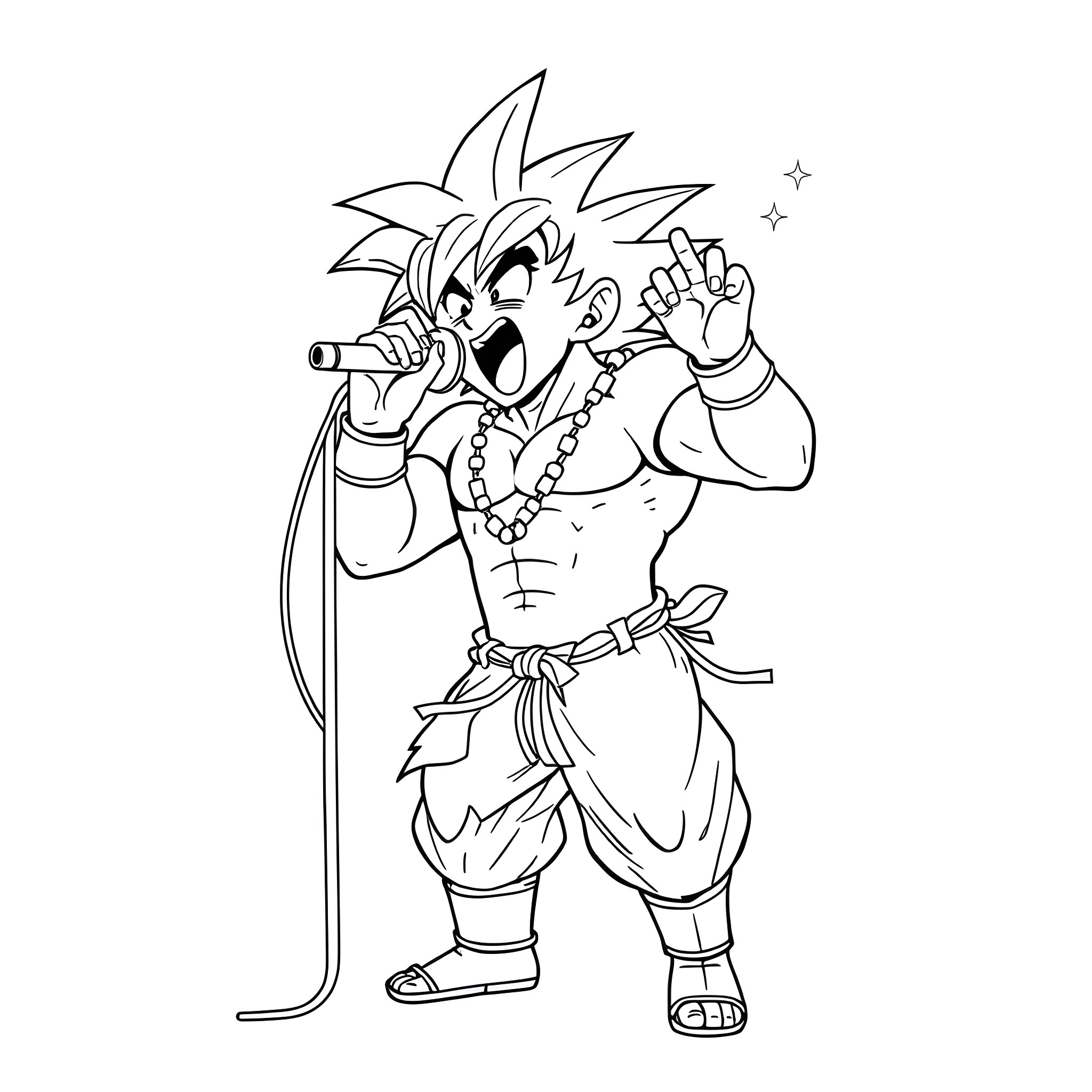 Goku Singing Passionately on Stage Coloring Page (free black-and-white line drawing printable PDF for all, from beginners to advanced learners, including children, teens, adults, and seniors)