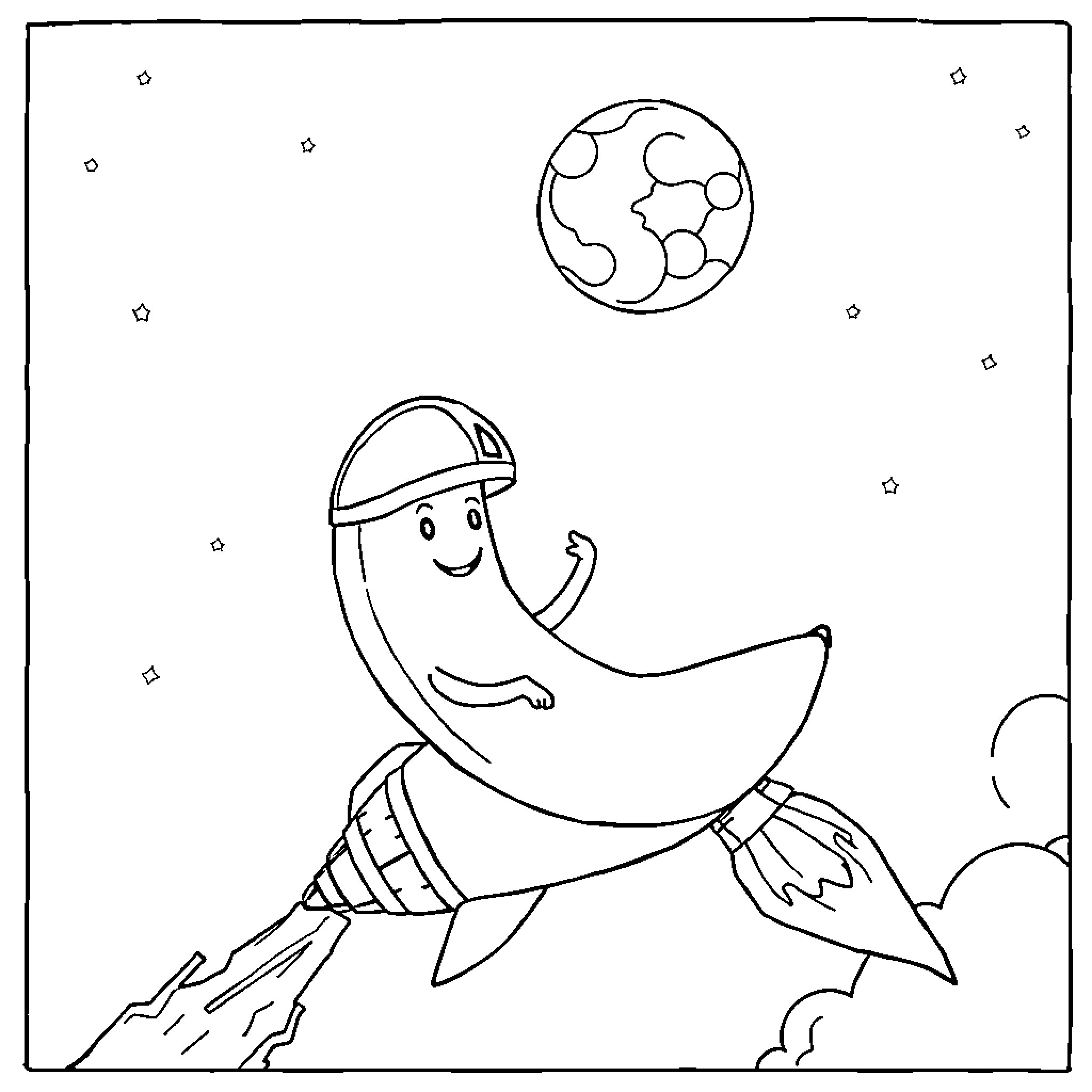 Banana astronaut exploring the moon Coloring Page (free black-and-white line drawing printable PDF for all, from beginners to advanced learners, including children, teens, adults, and seniors)