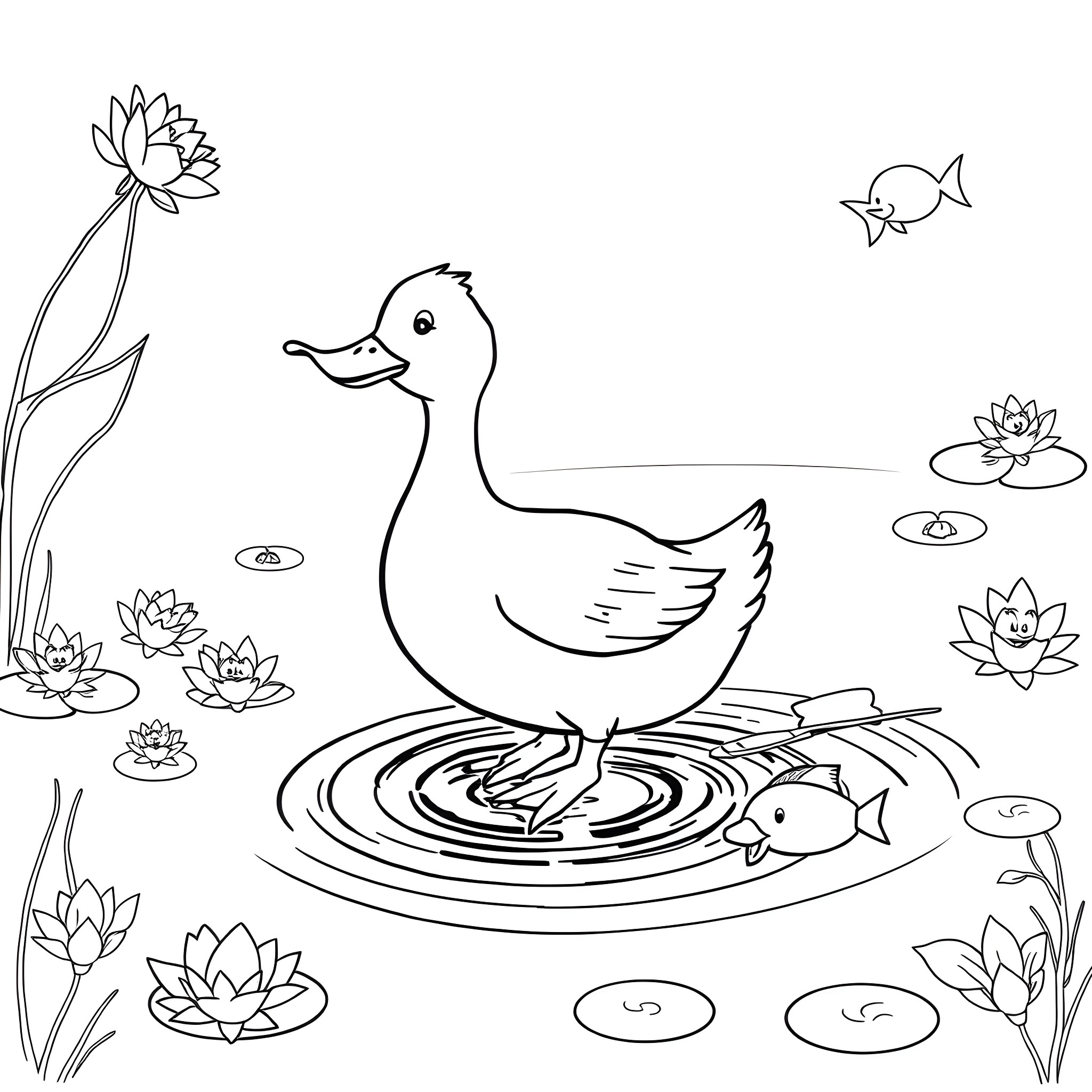 Duck swimming with fish in a tranquil pond Coloring Page (free black-and-white line drawing printable PDF for all, from beginners to advanced learners, including children, teens, adults, and seniors)