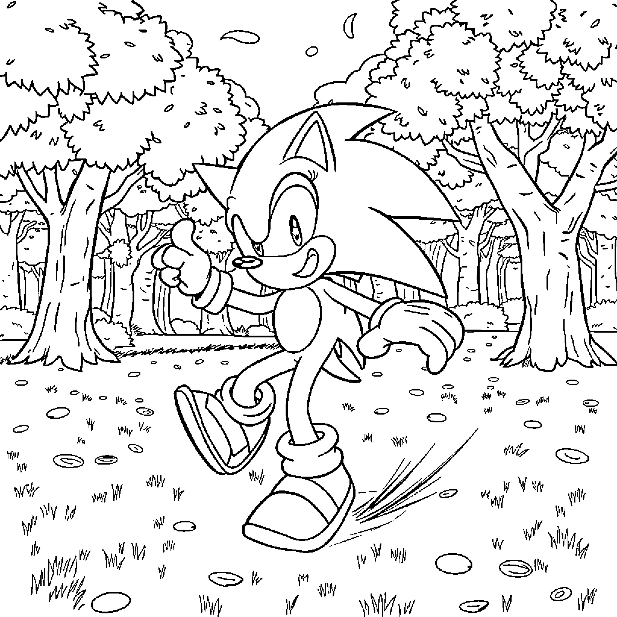 Sonic.exe running in a forest Coloring Page (free black-and-white line drawing printable PDF for all, from beginners to advanced learners, including children, teens, adults, and seniors)