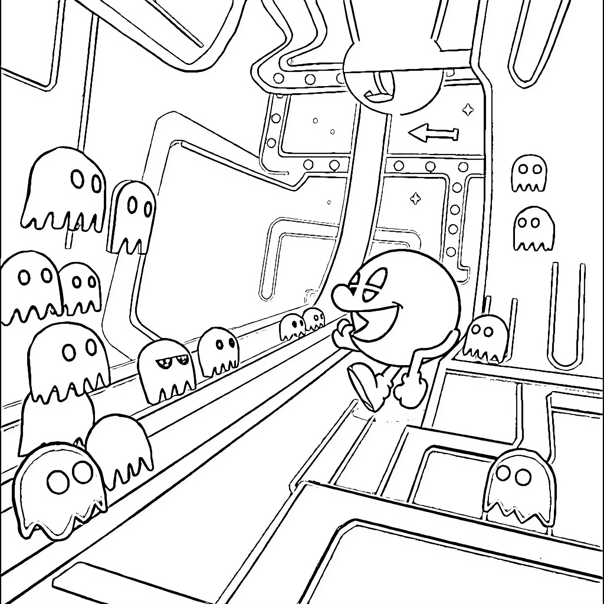 Pac-Man chasing ghosts in a retro arcade game Coloring Page (free black-and-white line drawing printable PDF for all, from beginners to advanced learners, including children, teens, adults, and seniors)