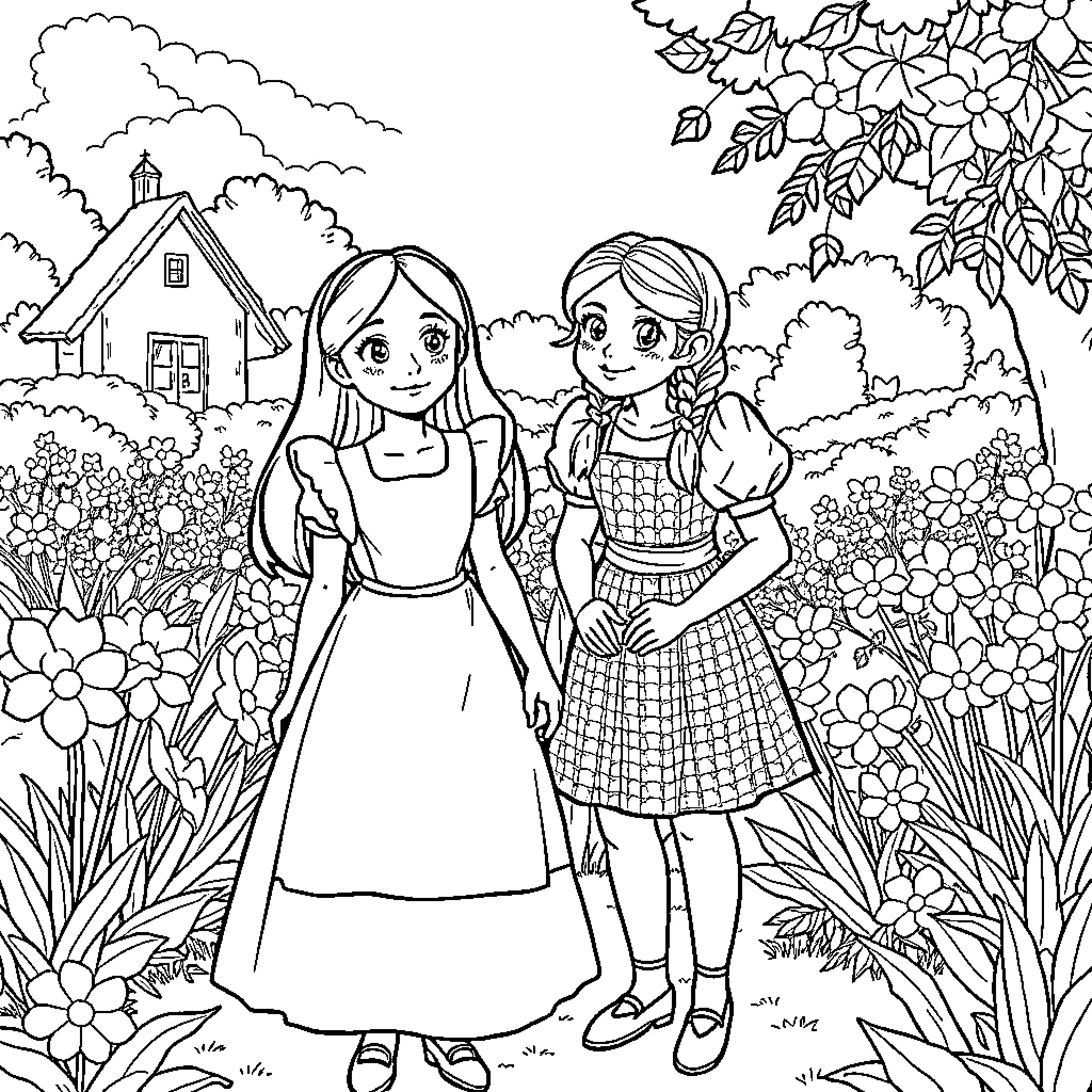 Alice and Dorothy exploring the enchanted garden Coloring Page (free black-and-white line drawing printable PDF for all, from beginners to advanced learners, including children, teens, adults, and seniors)