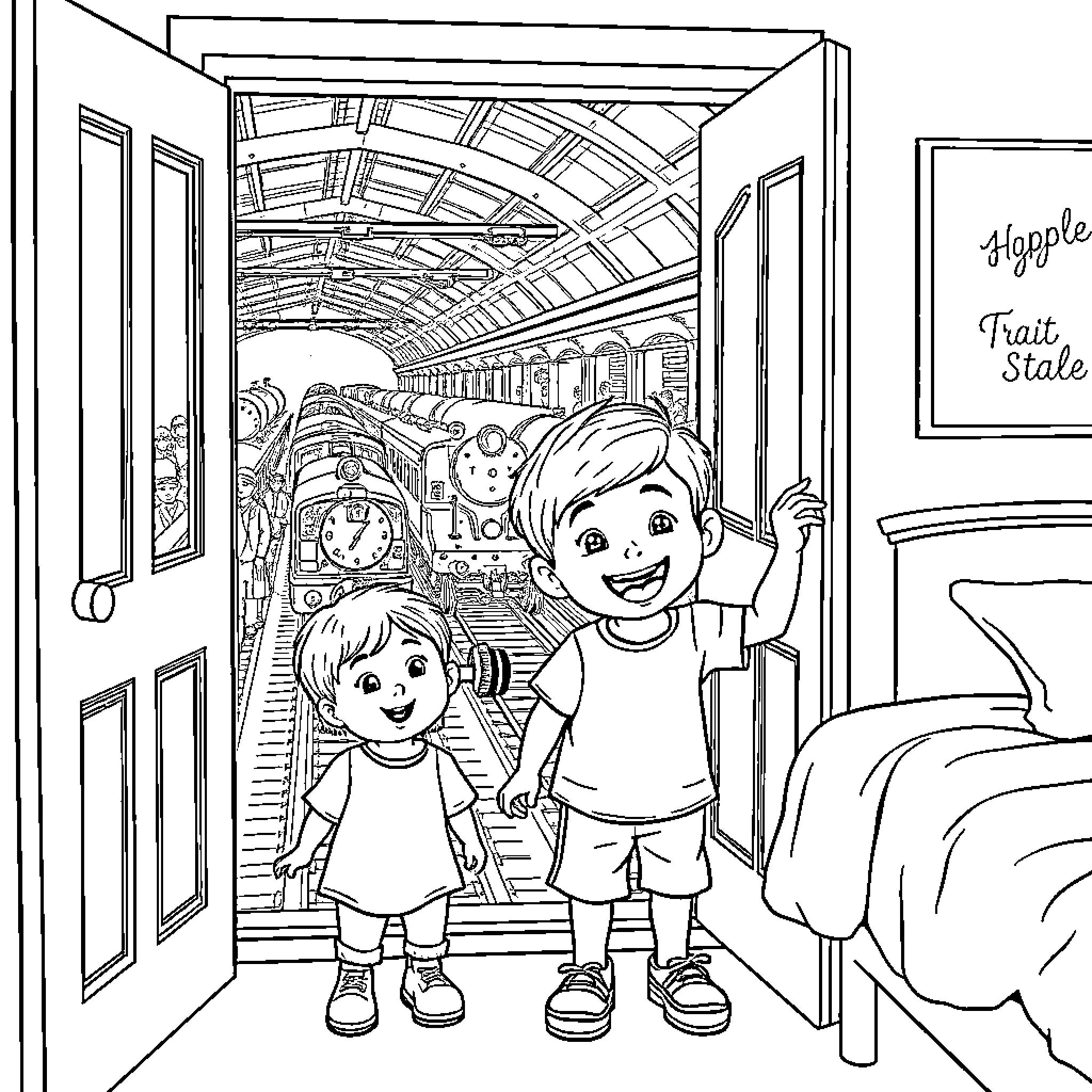 Boy and Girl Exploring Model Train Set Coloring Page (free black-and-white line drawing printable PDF for all, from beginners to advanced learners, including children, teens, adults, and seniors)