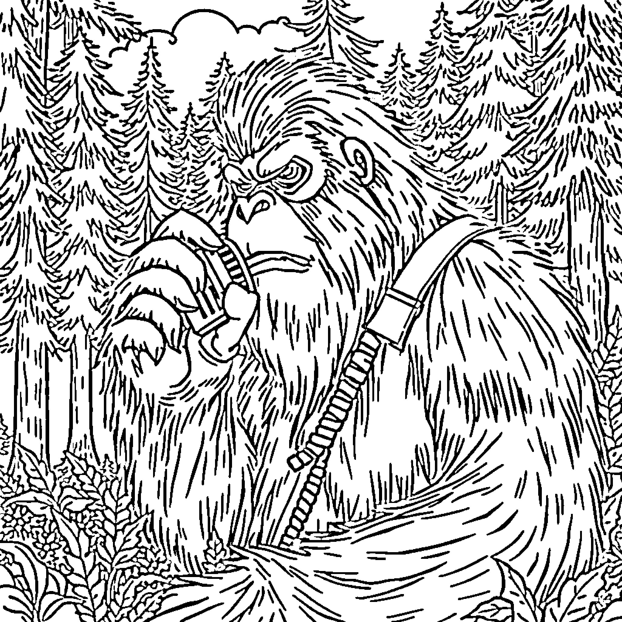 Bigfoot Stomping Through the Snowy Forest Coloring Page (free black-and-white line drawing printable PDF for all, from beginners to advanced learners, including children, teens, adults, and seniors)