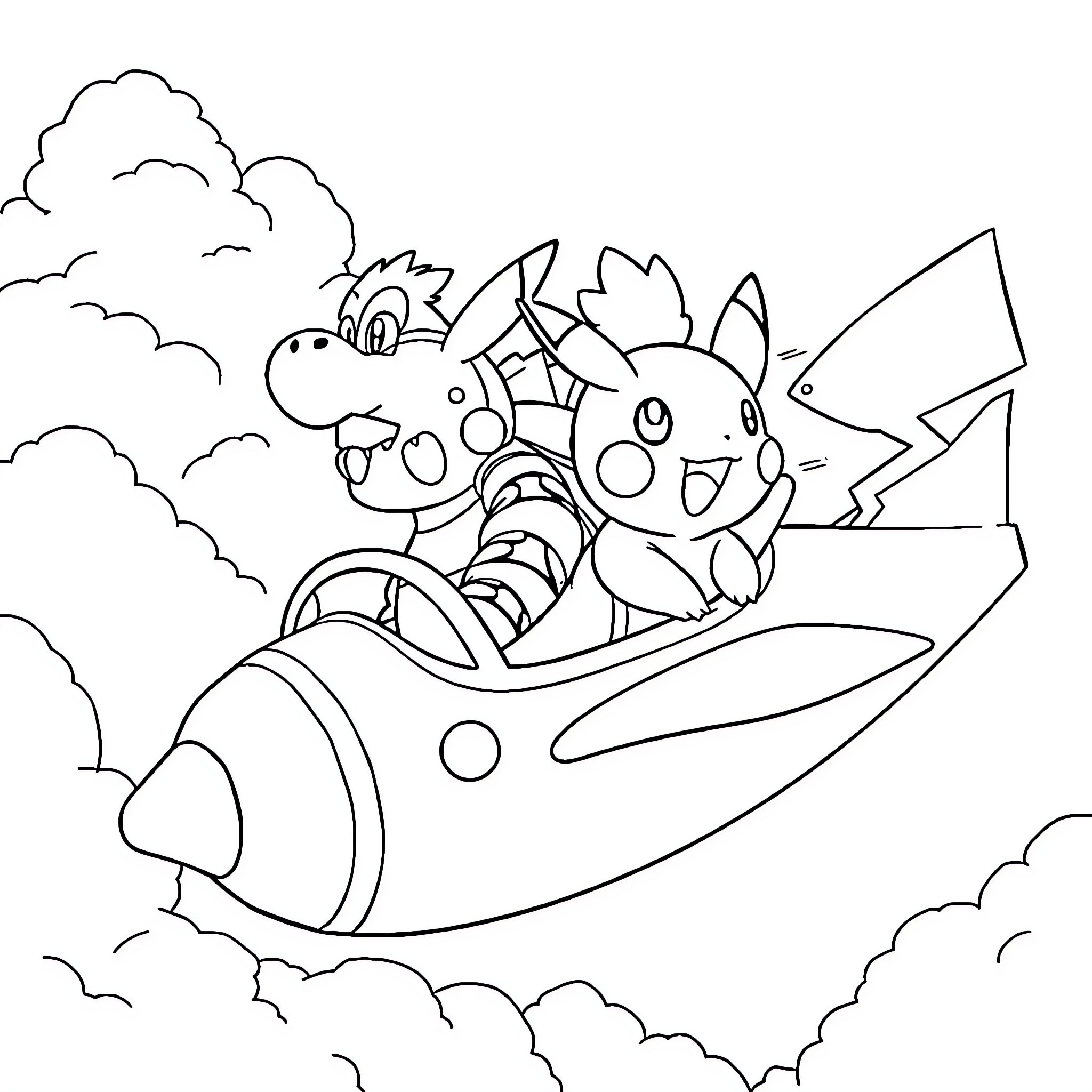 Baby Bowser and Pikachu flying in a plane Coloring Page (free black-and-white line drawing printable PDF for all, from beginners to advanced learners, including children, teens, adults, and seniors)