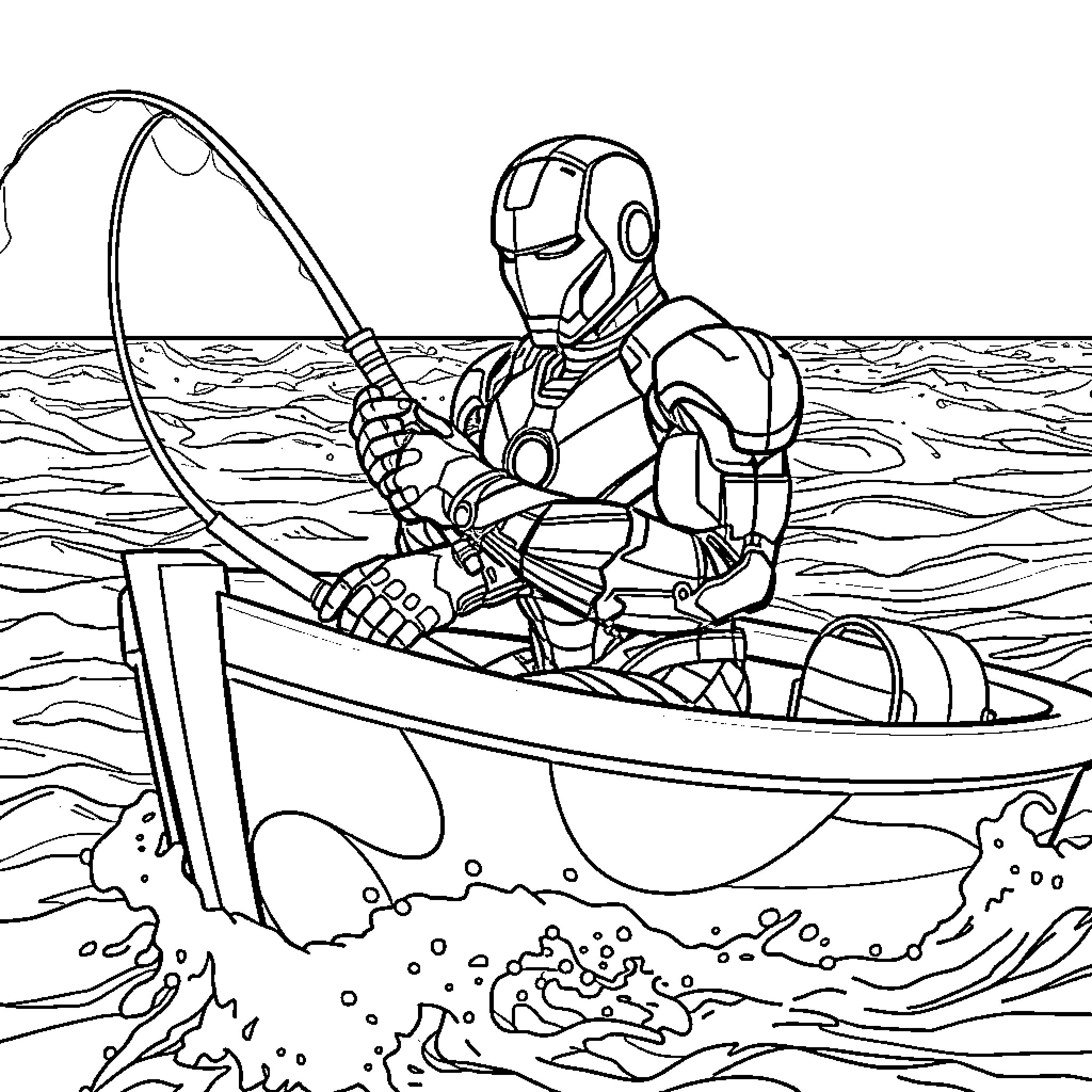 Ironman sailing on a boat in the ocean Coloring Page (free black-and-white line drawing printable PDF for all, from beginners to advanced learners, including children, teens, adults, and seniors)