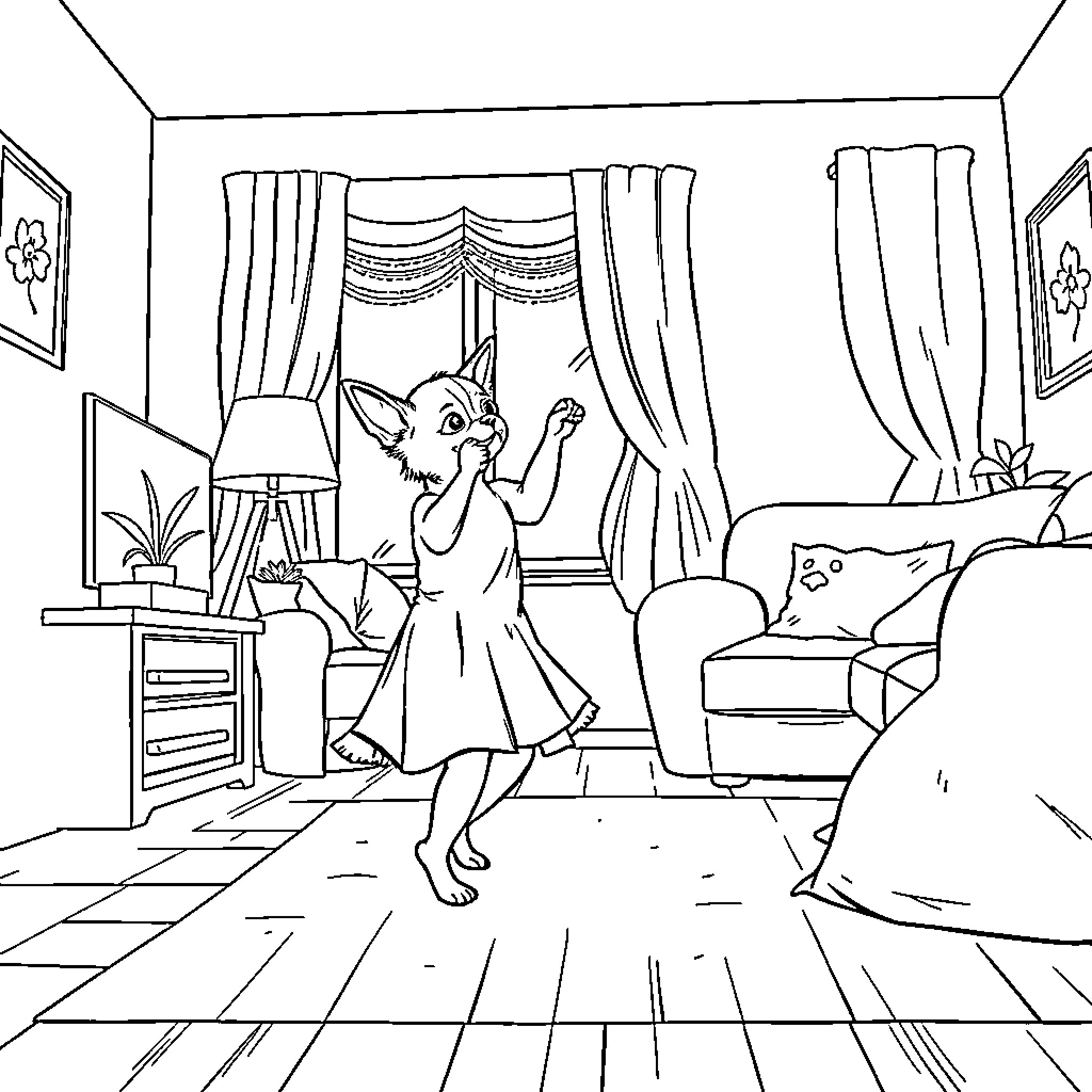 Chihuahua dancing joyfully in an elegant room Coloring Page (free black-and-white line drawing printable PDF for all, from beginners to advanced learners, including children, teens, adults, and seniors)