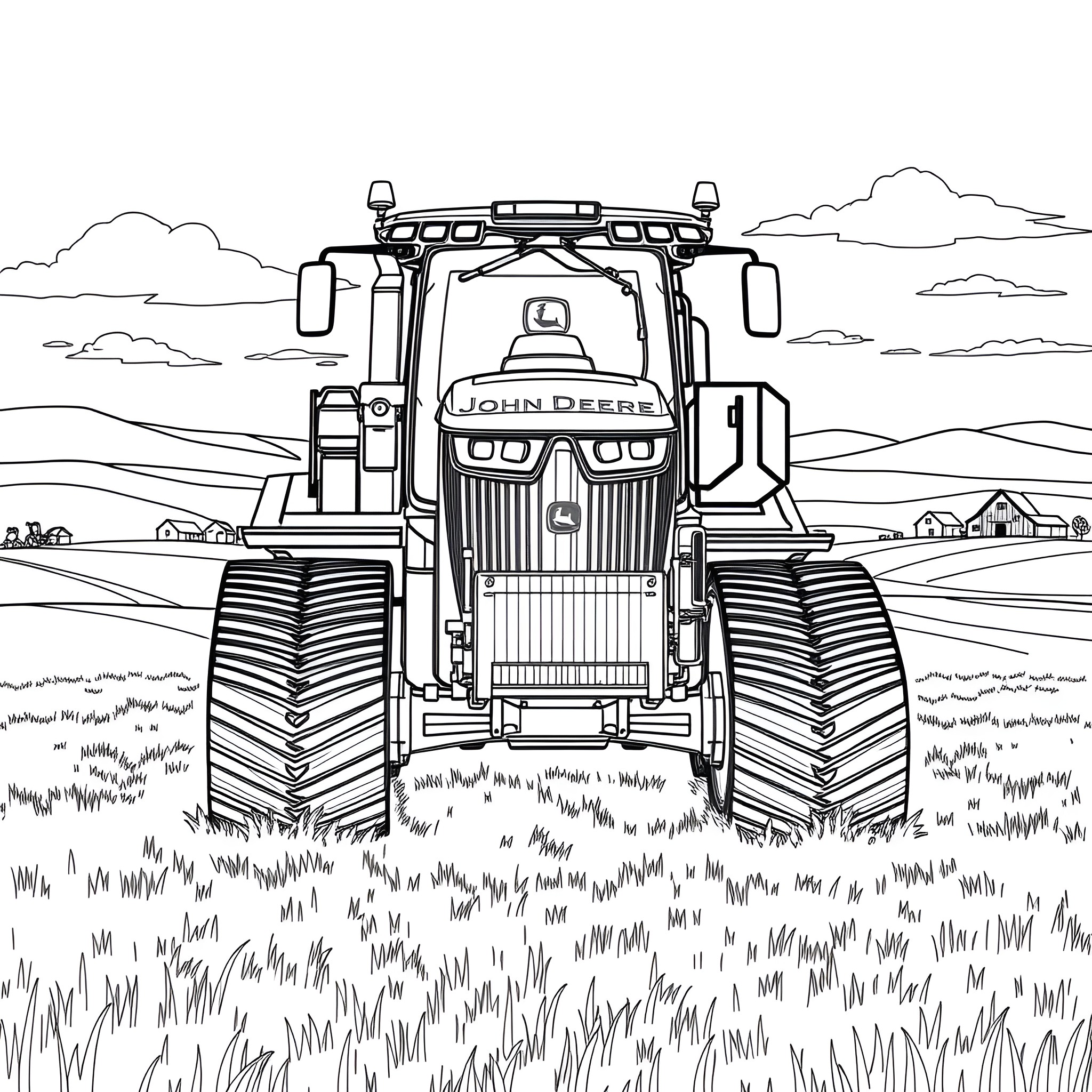 John Deere tractor plowing the field Coloring Page (free black-and-white line drawing printable PDF for all, from beginners to advanced learners, including children, teens, adults, and seniors)