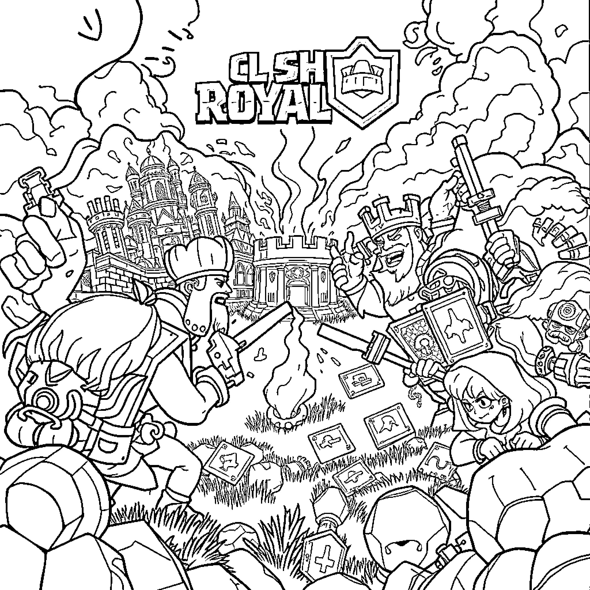 Clash Royale: Dramatic Battle Scenes and Fantastical Imagery Coloring Page (free black-and-white line drawing printable PDF for all, from beginners to advanced learners, including children, teens, adults, and seniors)