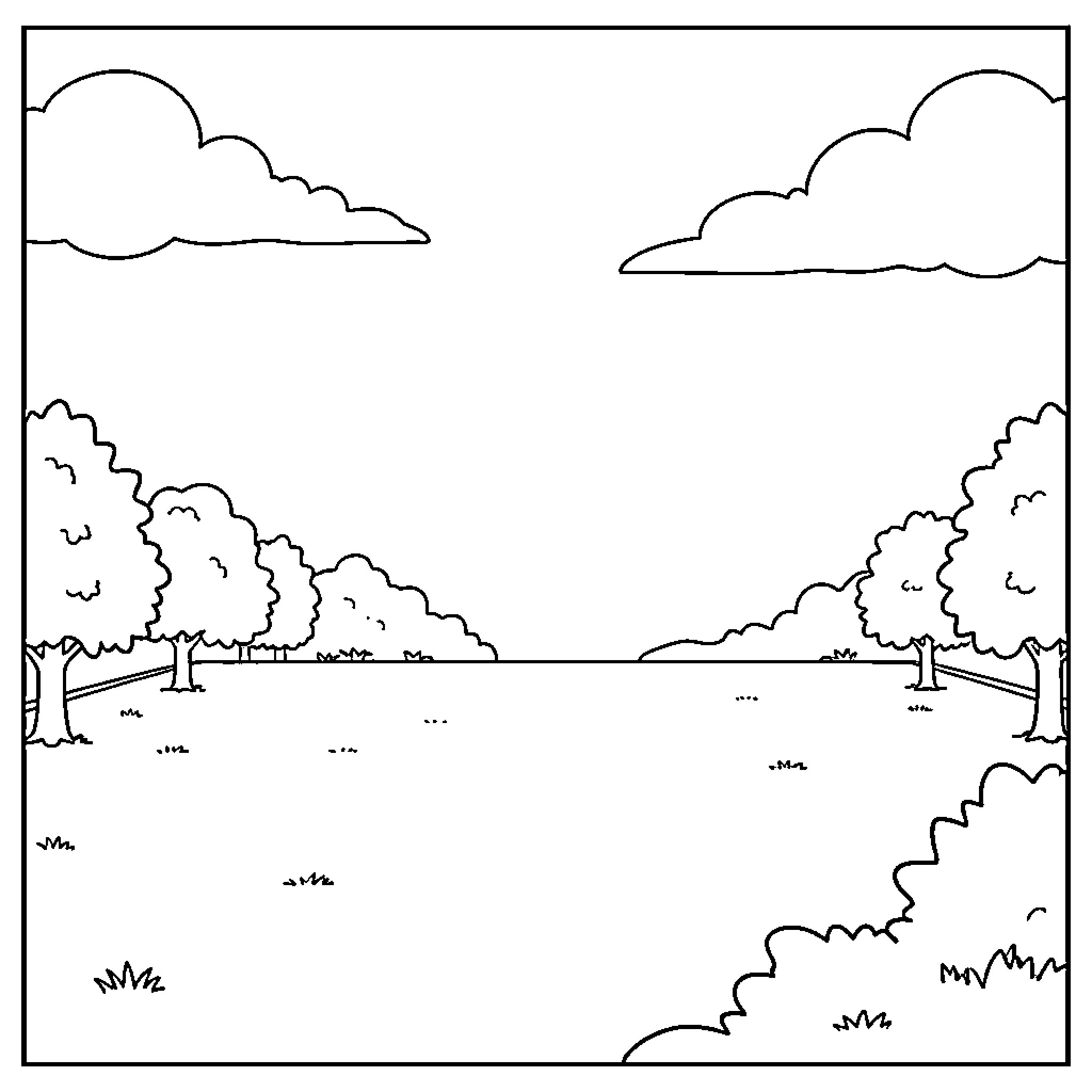 Neutral Location featuring a landscape with trees and clouds Coloring Page (free black-and-white line drawing printable PDF for all, from beginners to advanced learners, including children, teens, adults, and seniors)