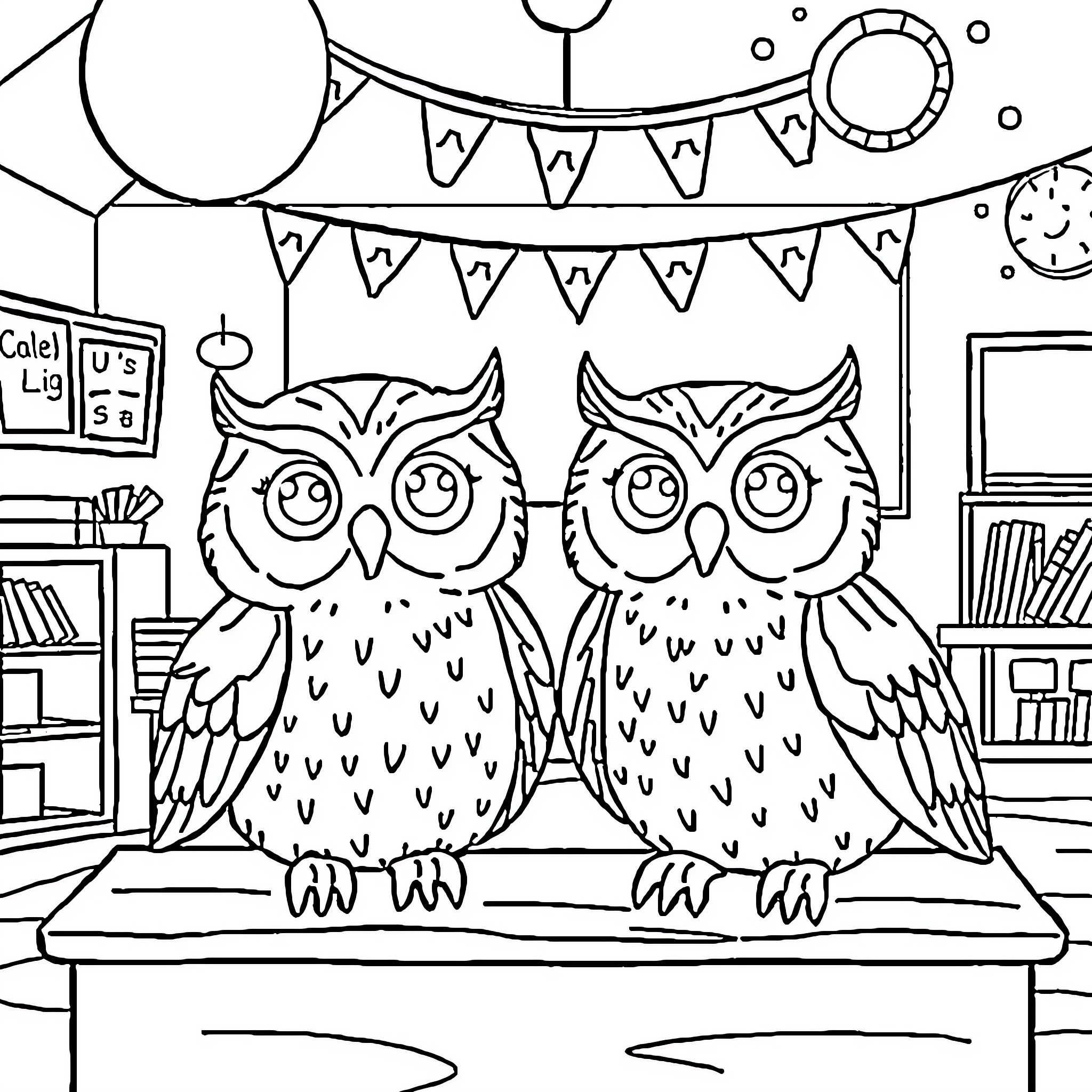 Owl Friends Celebrating in Classroom Coloring Page (free black-and-white line drawing printable PDF for all, from beginners to advanced learners, including children, teens, adults, and seniors)