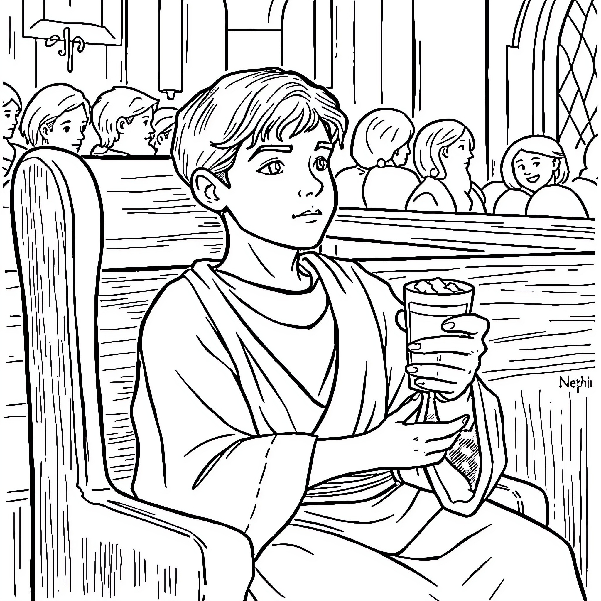 Nephi Partaking of the Sacrament Coloring Page (free black-and-white line drawing printable PDF for all, from beginners to advanced learners, including children, teens, adults, and seniors)