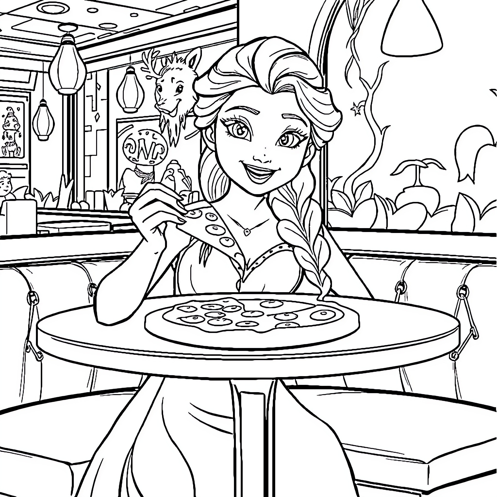 Elsa baking a delightful treat in the kitchen Coloring Page (free black-and-white line drawing printable PDF for all, from beginners to advanced learners, including children, teens, adults, and seniors)