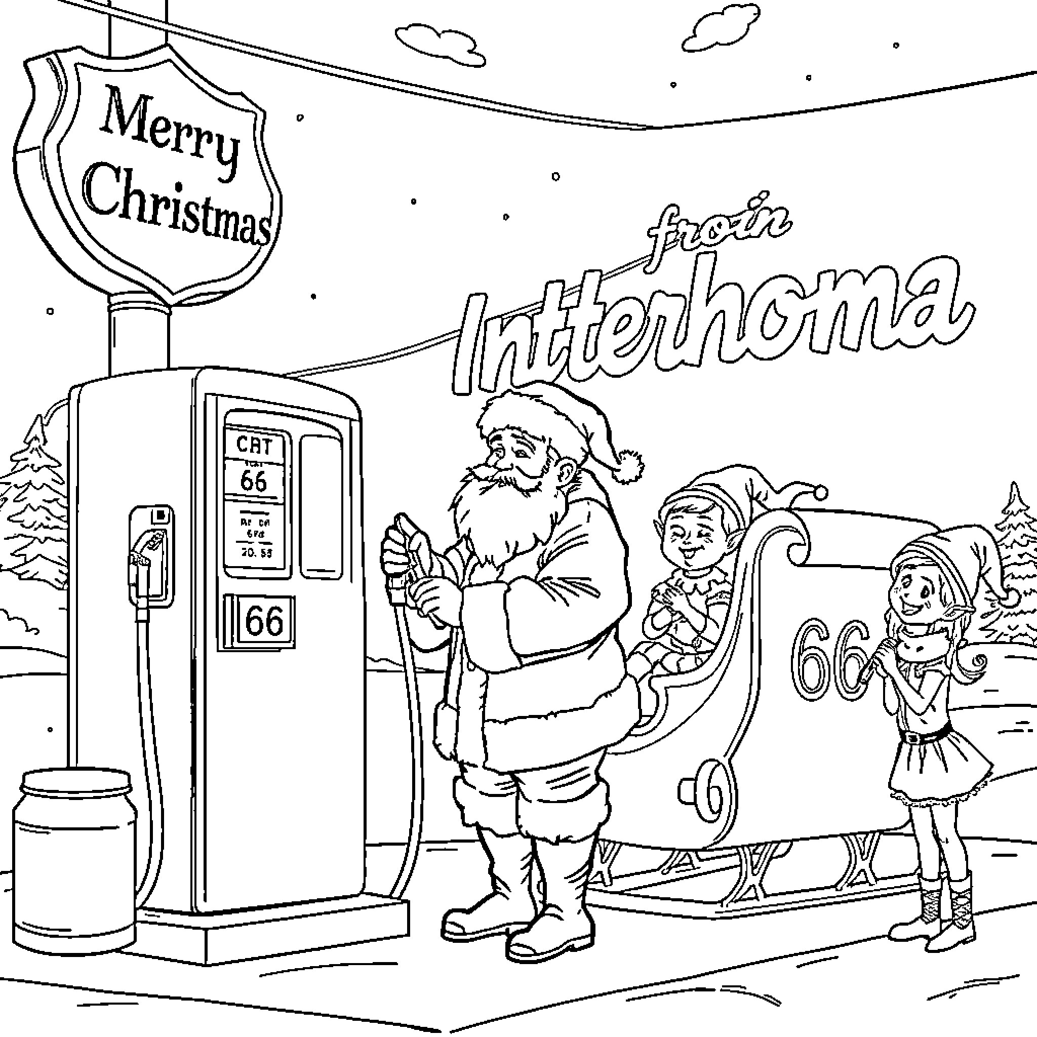 Santa at the Interstate 66 rest stop Coloring Page (free black-and-white line drawing printable PDF for all, from beginners to advanced learners, including children, teens, adults, and seniors)