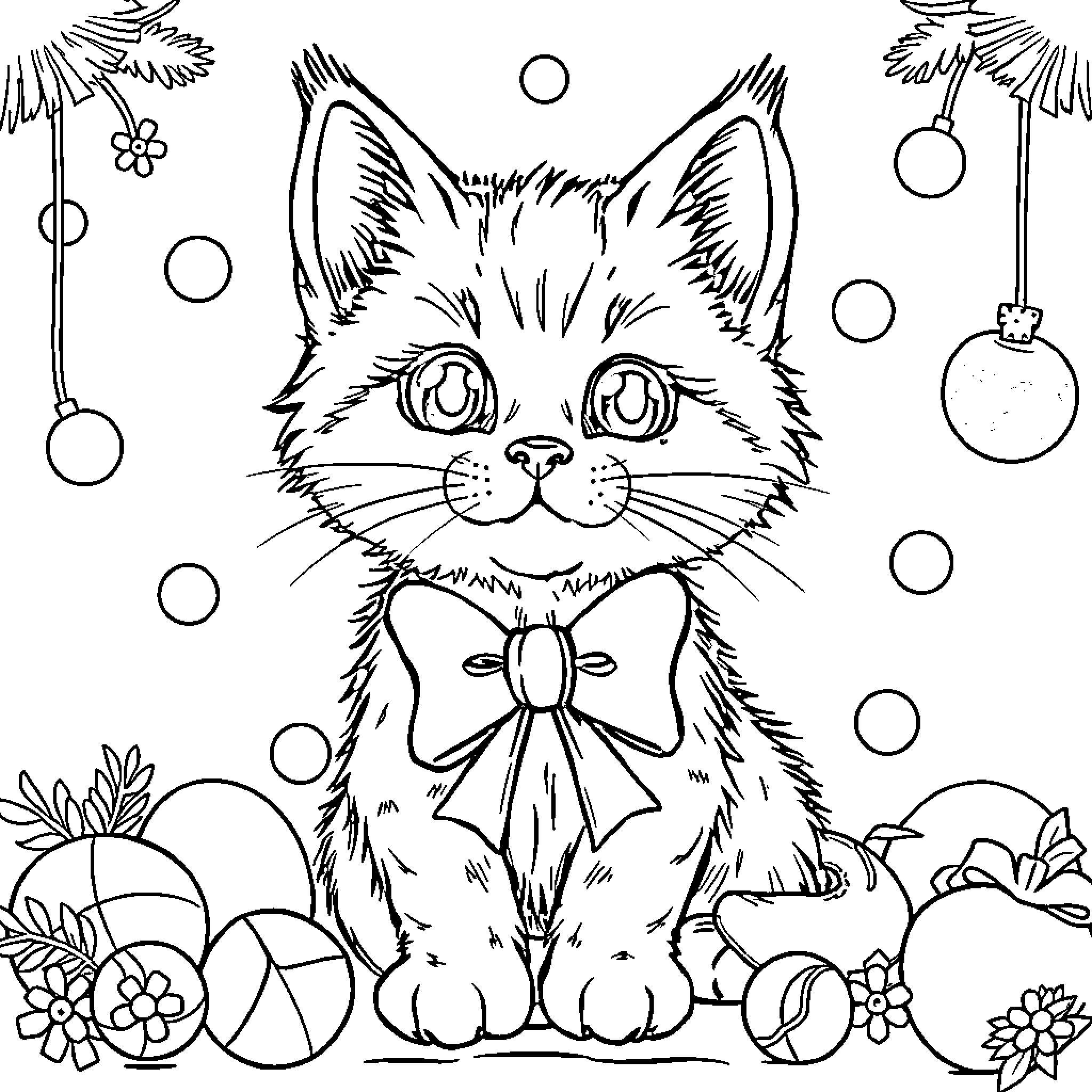 Kitty Playing in Festive Decor Coloring Page (free black-and-white line drawing printable PDF for all, from beginners to advanced learners, including children, teens, adults, and seniors)