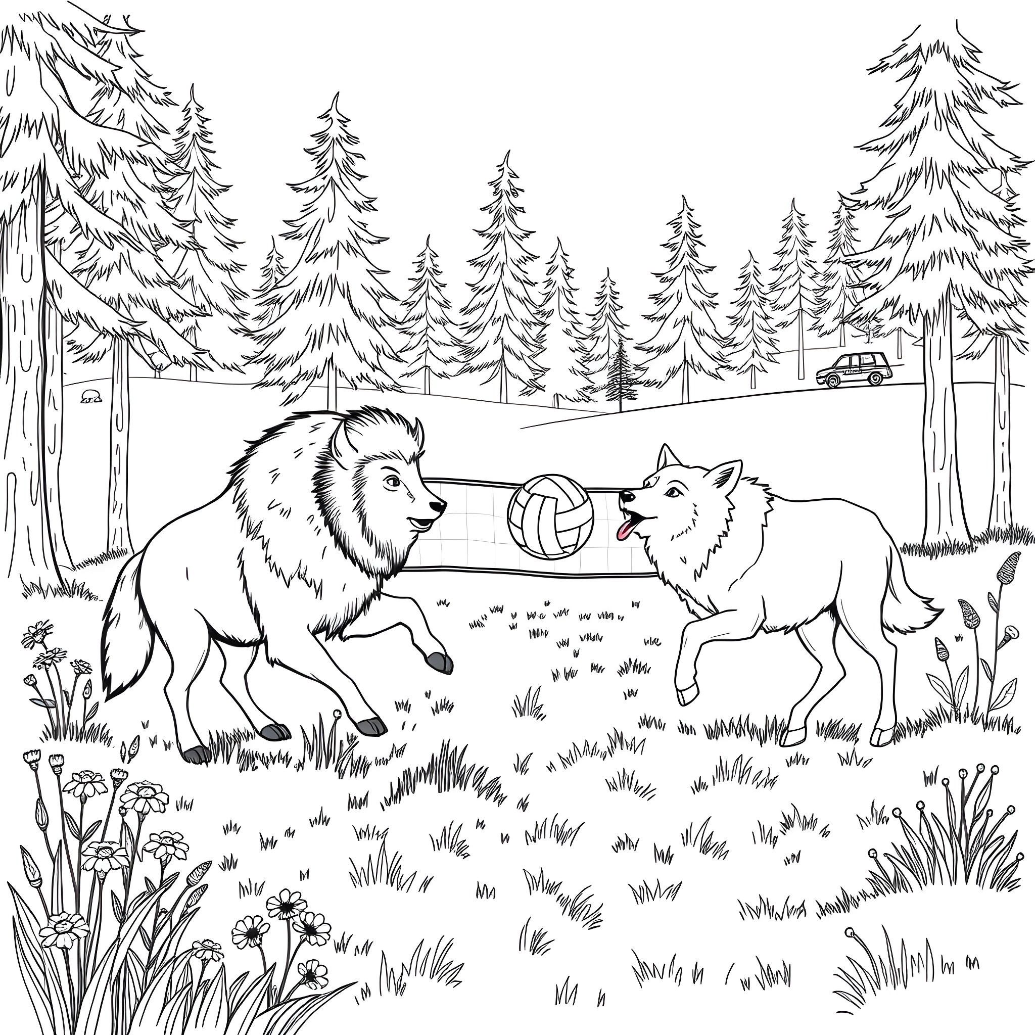 Wolf Siblings Playing in the Wilderness Coloring Page (free black-and-white line drawing printable PDF for all, from beginners to advanced learners, including children, teens, adults, and seniors)
