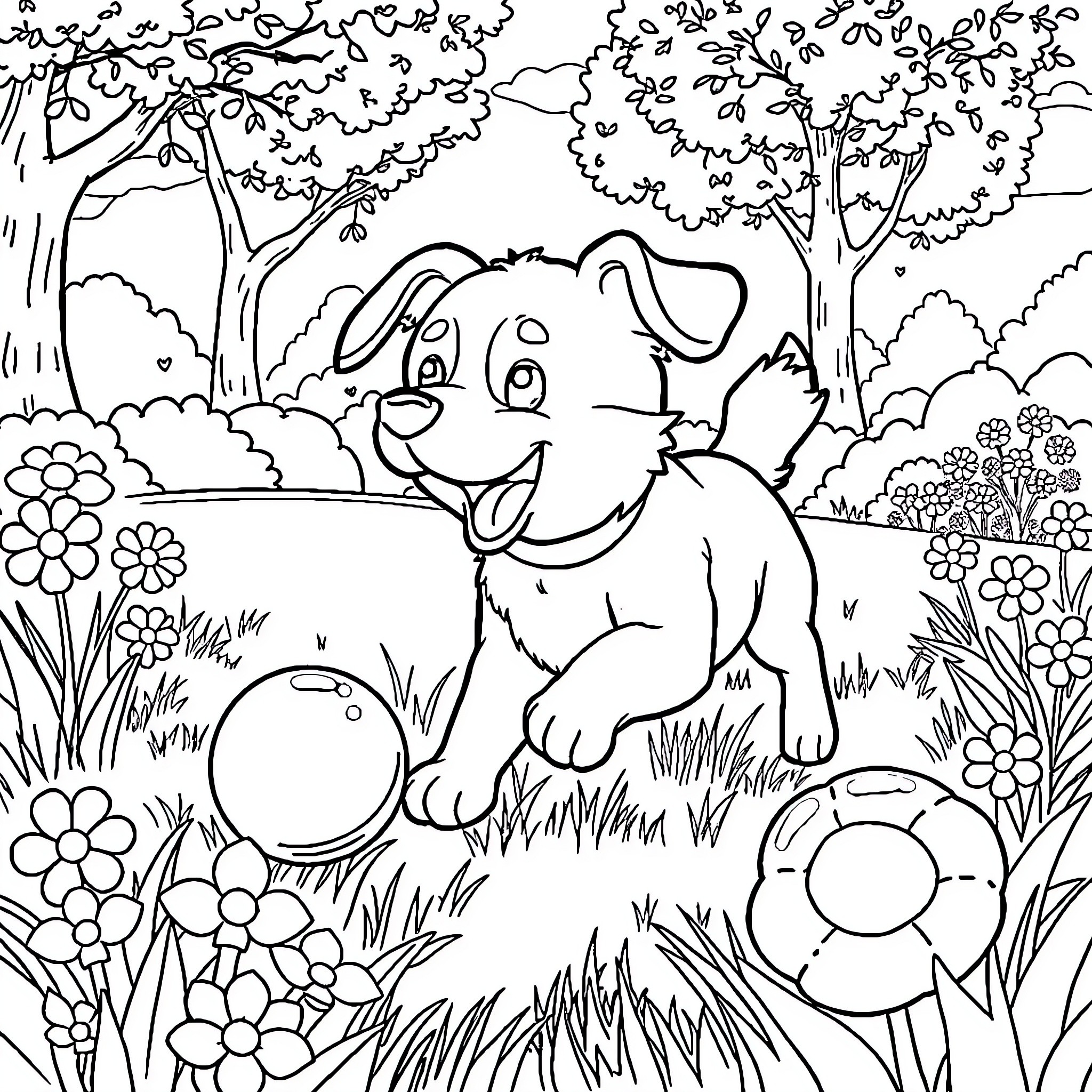 Dog playing in the park with flowers Coloring Page (free black-and-white line drawing printable PDF for all, from beginners to advanced learners, including children, teens, adults, and seniors)