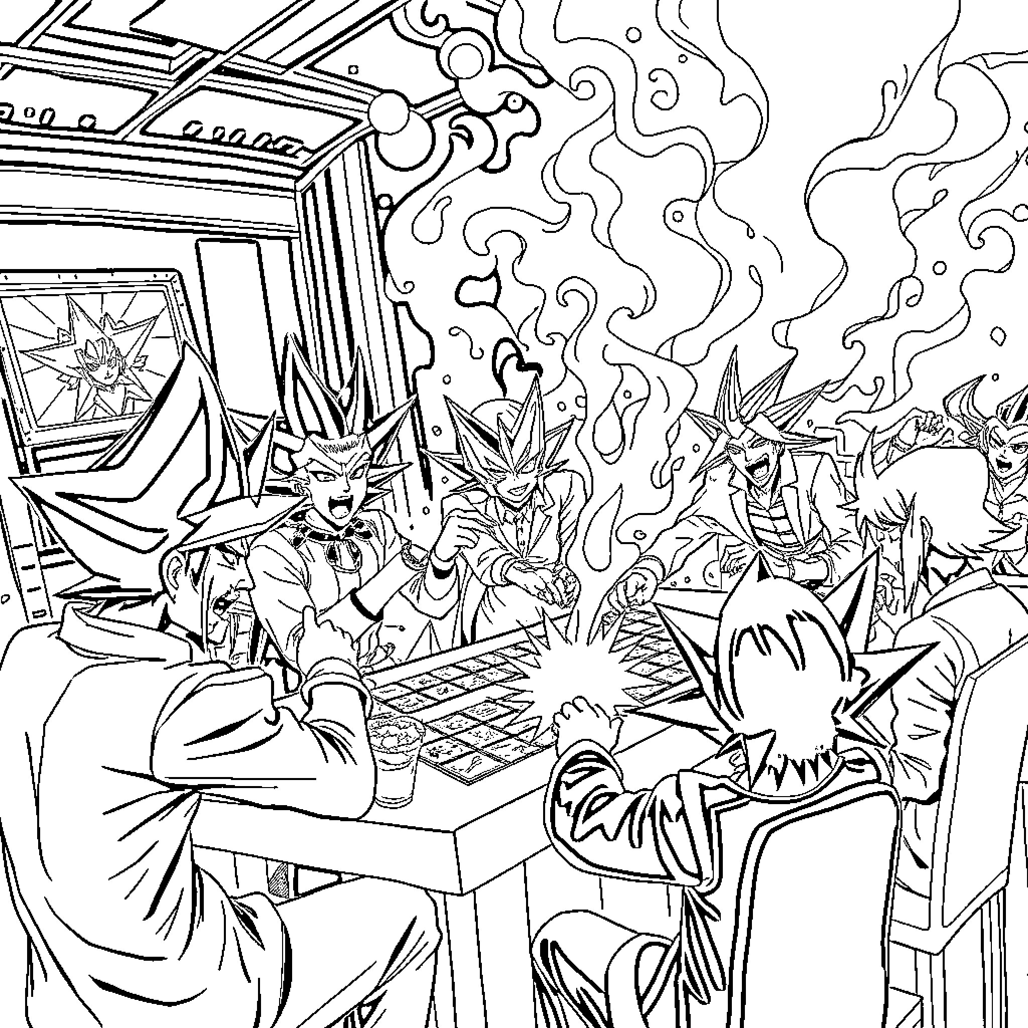 Yu-Gi-Oh Characters in Intense Gaming Session Coloring Page (free black-and-white line drawing printable PDF for all, from beginners to advanced learners, including children, teens, adults, and seniors)