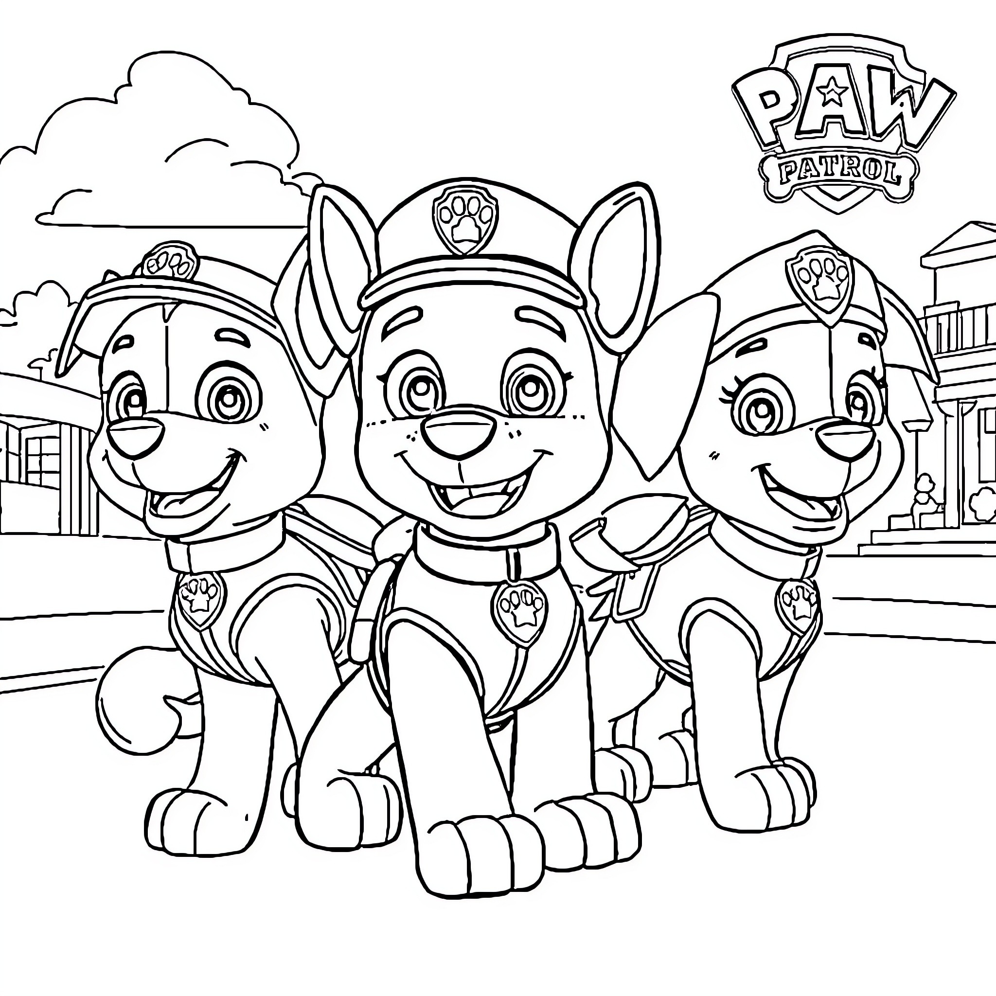 Paw Patrol characters on duty in the city Coloring Page (free black-and-white line drawing printable PDF for all, from beginners to advanced learners, including children, teens, adults, and seniors)
