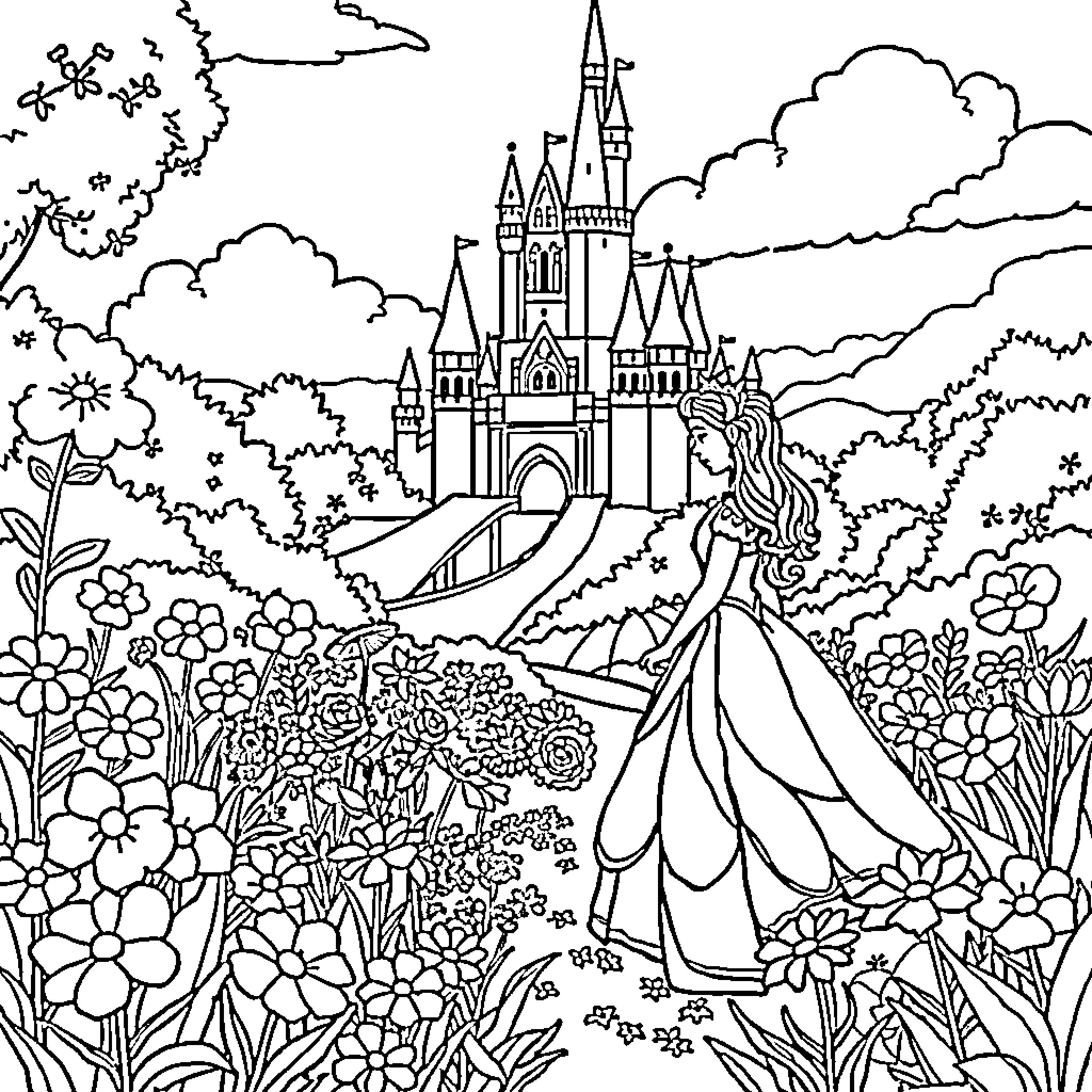 Princess exploring a magical castle garden Coloring Page (free black-and-white line drawing printable PDF for all, from beginners to advanced learners, including children, teens, adults, and seniors)