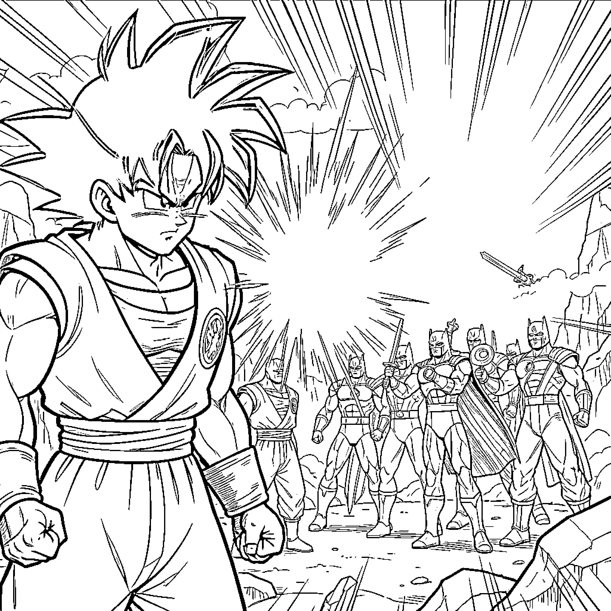 Goku preparing to battle a group of warriors Coloring Page (free black-and-white line drawing printable PDF for all, from beginners to advanced learners, including children, teens, adults, and seniors)