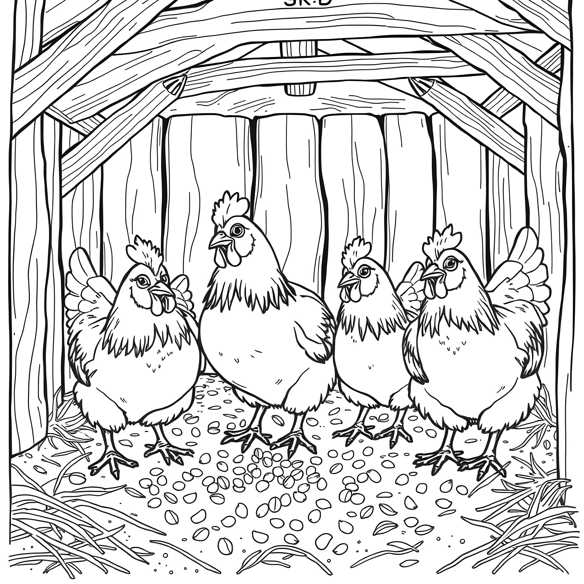 Chicken Family in Rustic Barn Coloring Page (free black-and-white line drawing printable PDF for all, from beginners to advanced learners, including children, teens, adults, and seniors)