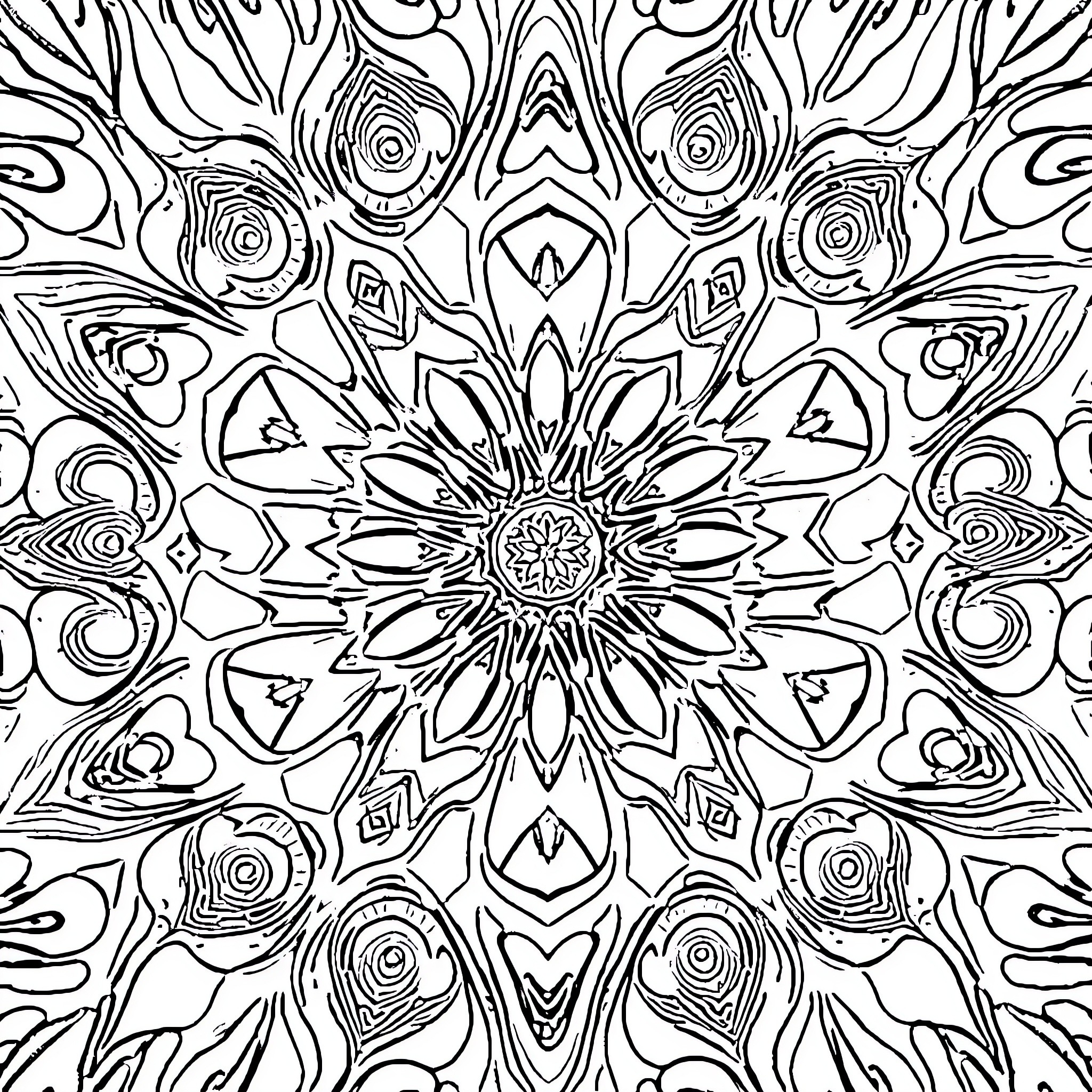 Fractal Kaleidoscopic Patterns Coloring Page (free black-and-white line drawing printable PDF for all, from beginners to advanced learners, including children, teens, adults, and seniors)