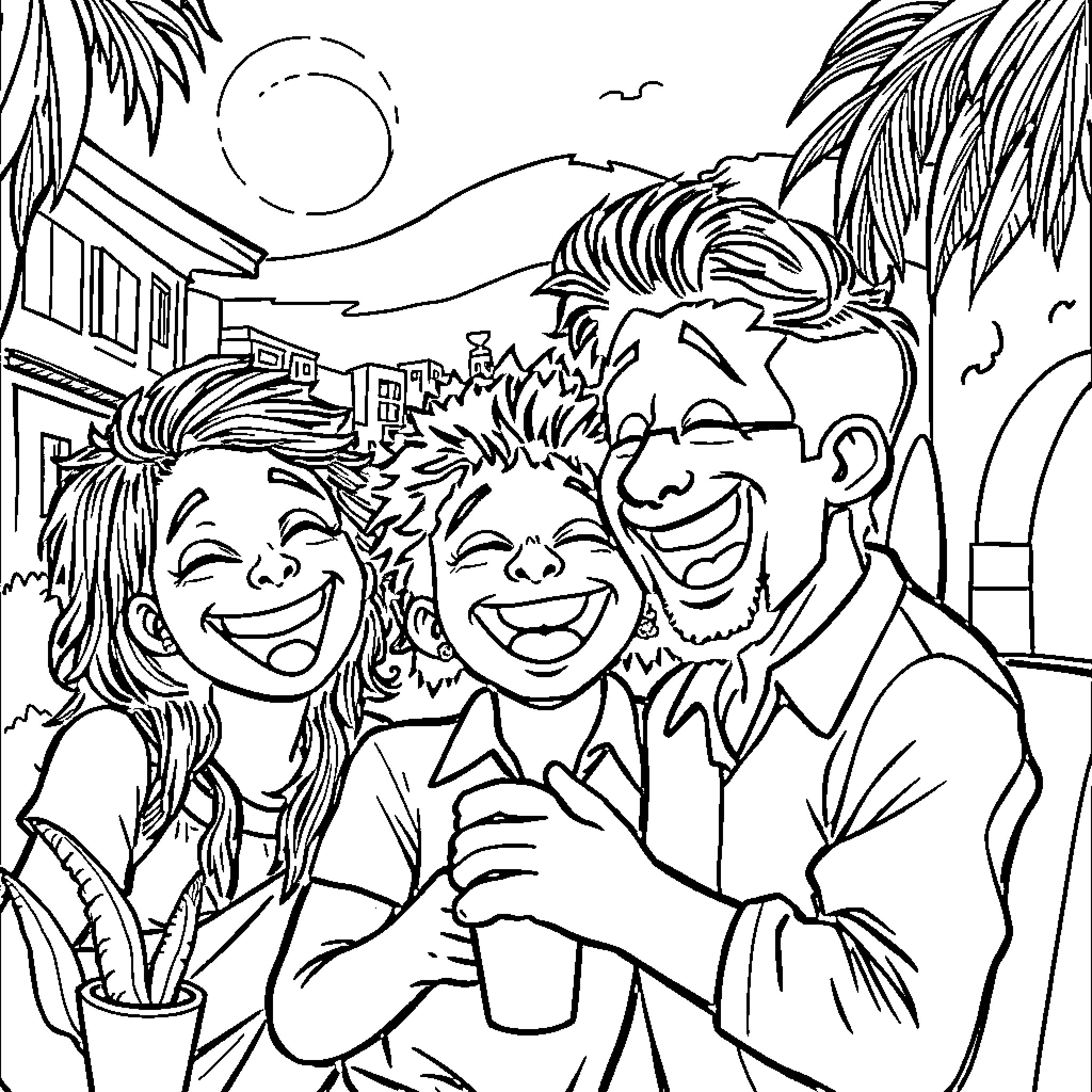 LosMeme: Trio of friends laughing joyfully Coloring Page (free black-and-white line drawing printable PDF for all, from beginners to advanced learners, including children, teens, adults, and seniors)