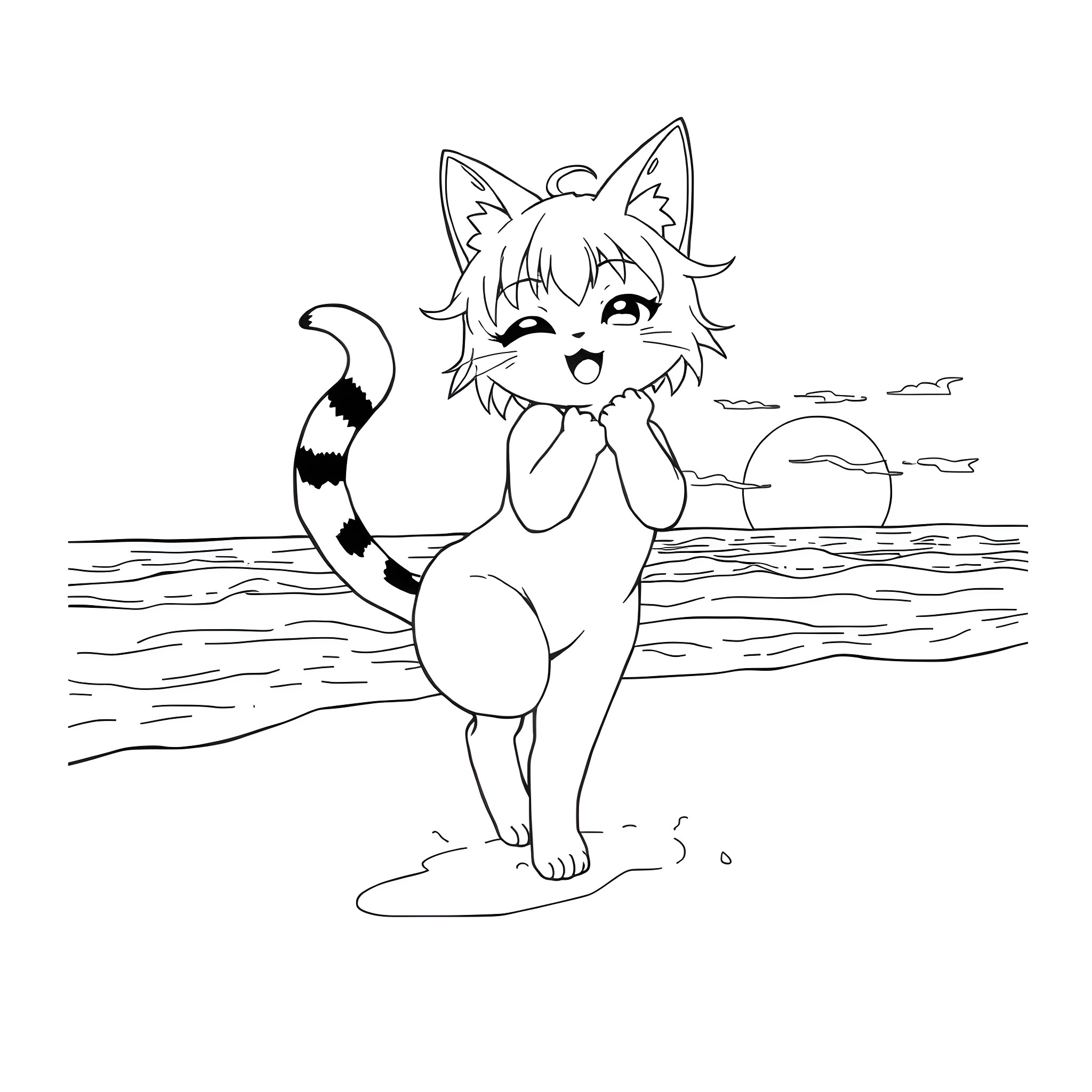 Koneko Frolicking Joyfully on the Beach Coloring Page (free black-and-white line drawing printable PDF for all, from beginners to advanced learners, including children, teens, adults, and seniors)
