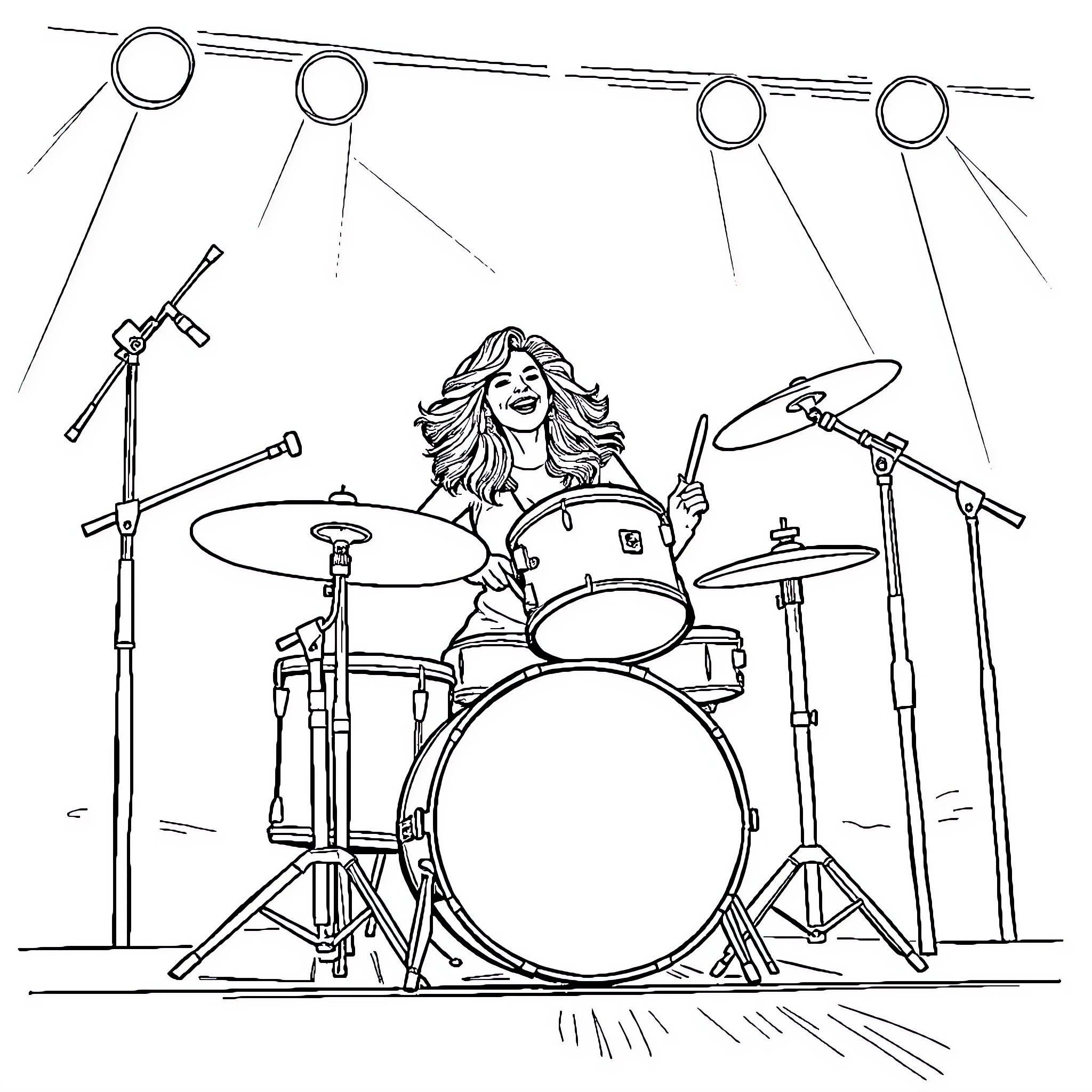 Salma Hayek playing drums on stage Coloring Page (free black-and-white line drawing printable PDF for all, from beginners to advanced learners, including children, teens, adults, and seniors)