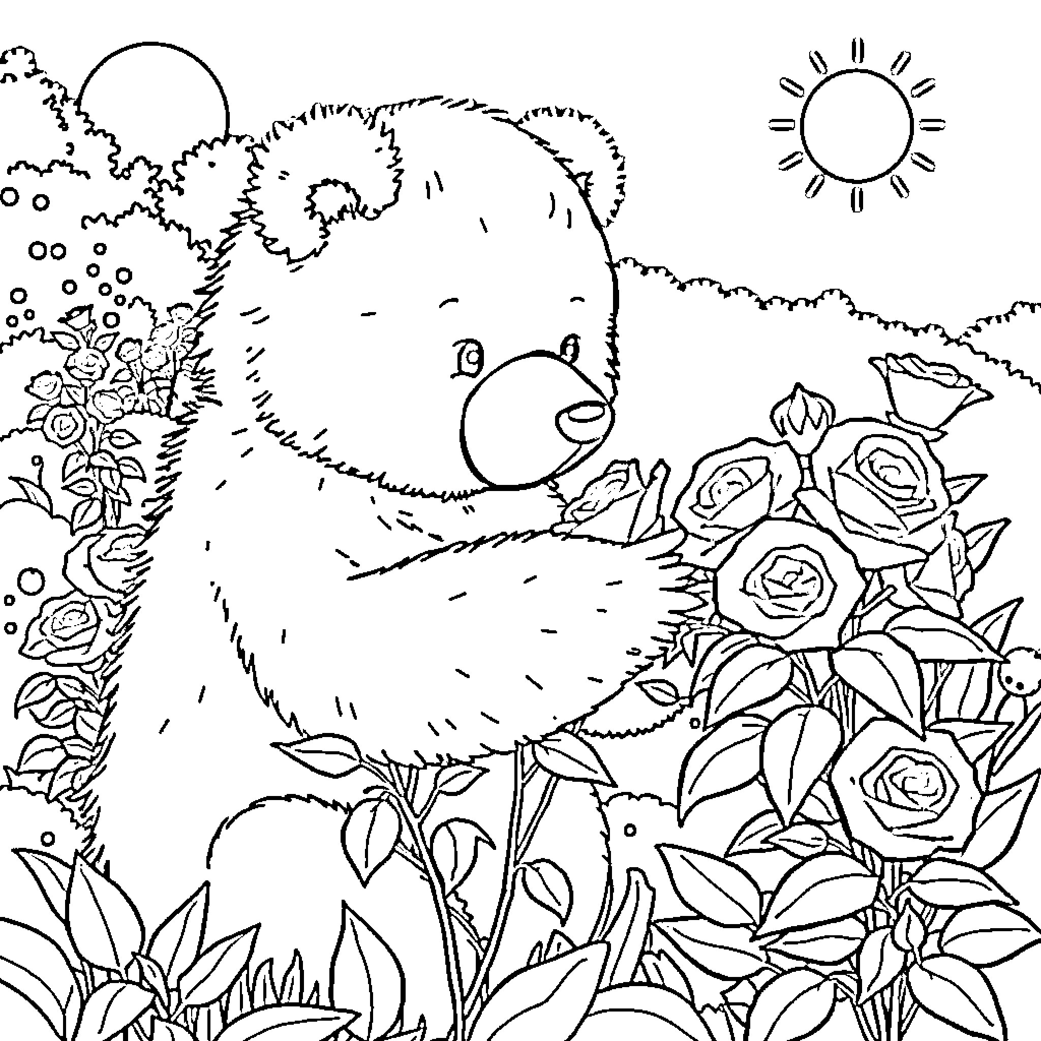 Bear relaxing in a floral garden Coloring Page (free black-and-white line drawing printable PDF for all, from beginners to advanced learners, including children, teens, adults, and seniors)
