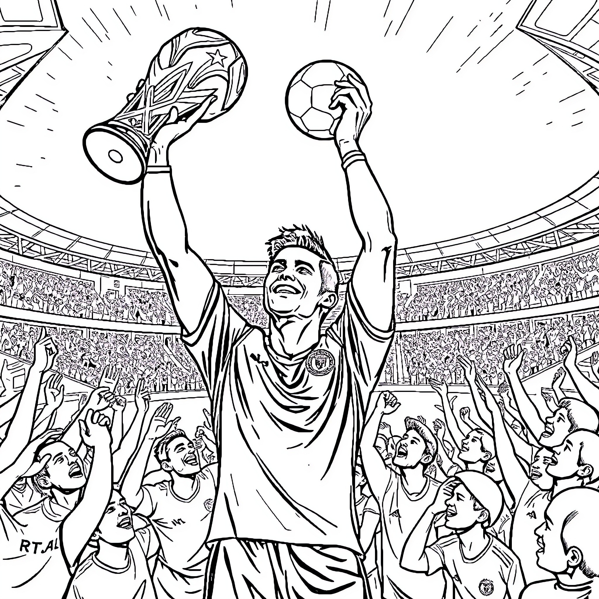 Cristiano Ronaldo Celebrating Trophy Victory with Fans Coloring Page (free black-and-white line drawing printable PDF for all, from beginners to advanced learners, including children, teens, adults, and seniors)