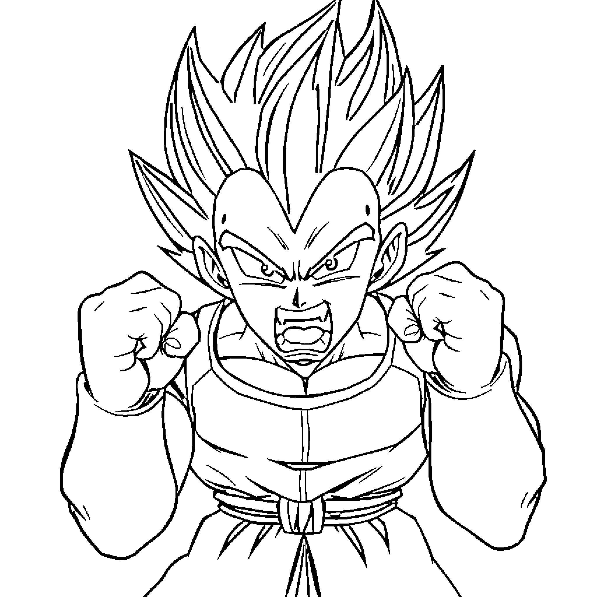 Vegeta in fierce fighting stance Coloring Page (free black-and-white line drawing printable PDF for all, from beginners to advanced learners, including children, teens, adults, and seniors)