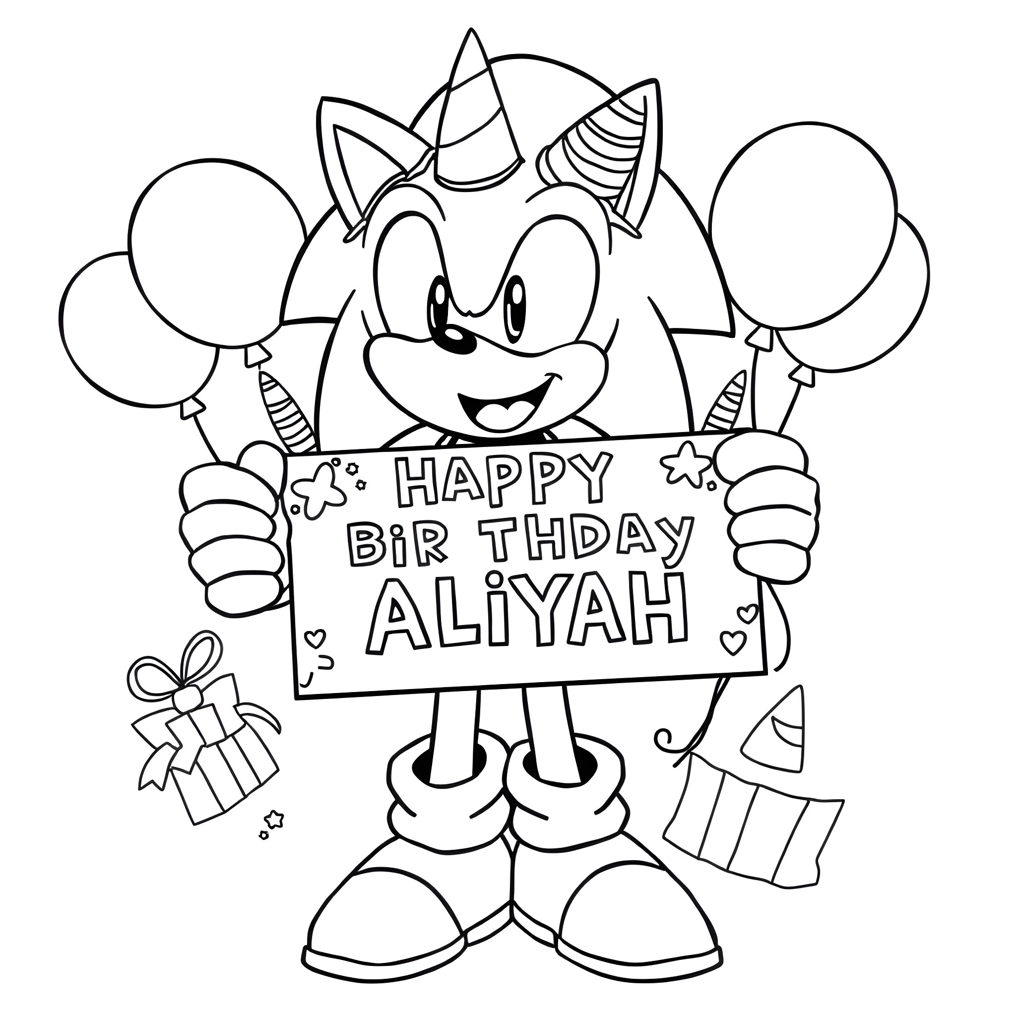 Sonic celebrating a happy birthday with balloons Coloring Page (free black-and-white line drawing printable PDF for all, from beginners to advanced learners, including children, teens, adults, and seniors)