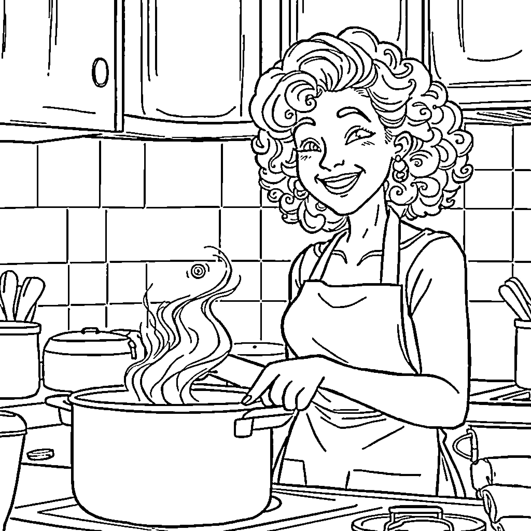 Mom happily cooking in the kitchen Coloring Page (free black-and-white line drawing printable PDF for all, from beginners to advanced learners, including children, teens, adults, and seniors)