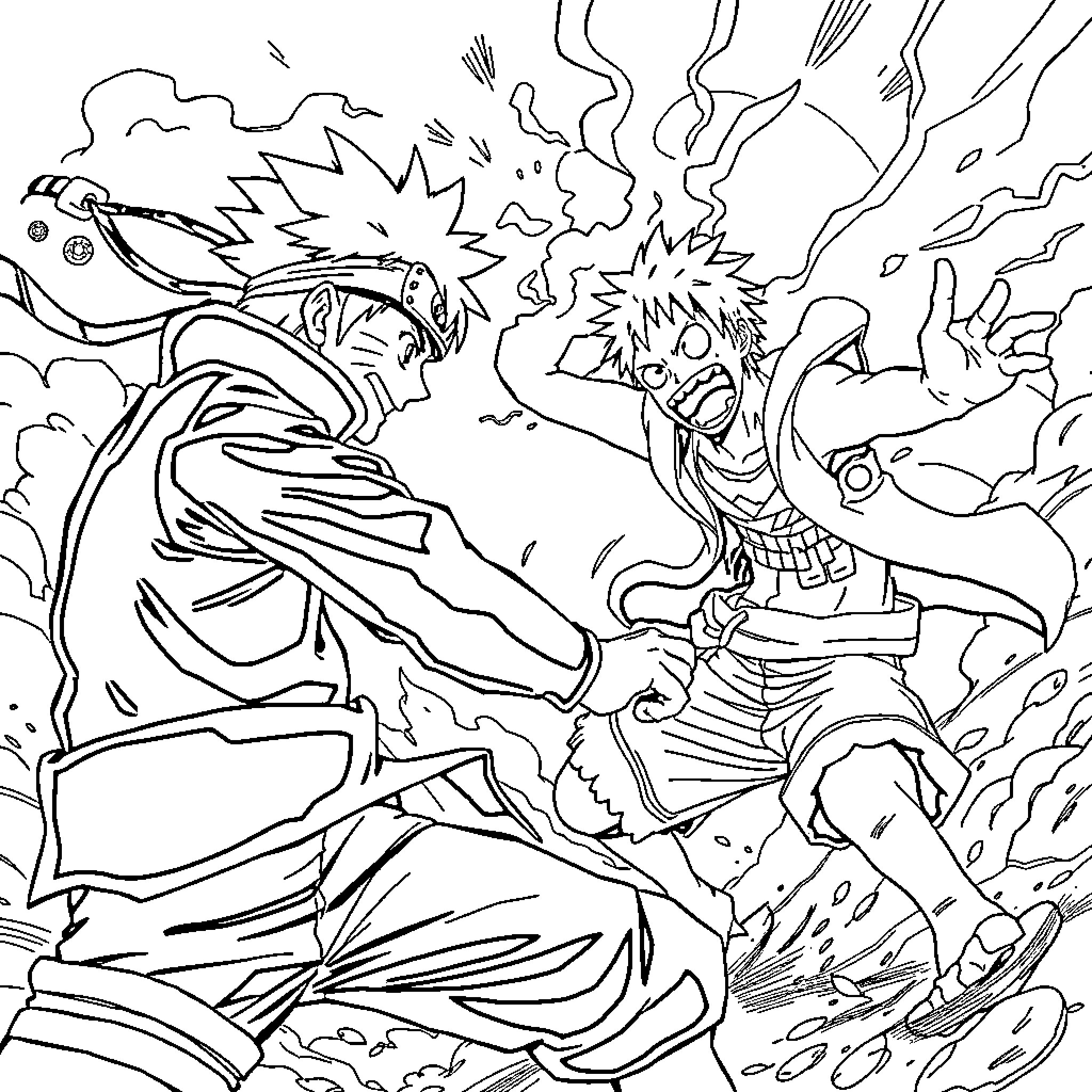 Naruto characters in intense combat action Coloring Page (free black-and-white line drawing printable PDF for all, from beginners to advanced learners, including children, teens, adults, and seniors)