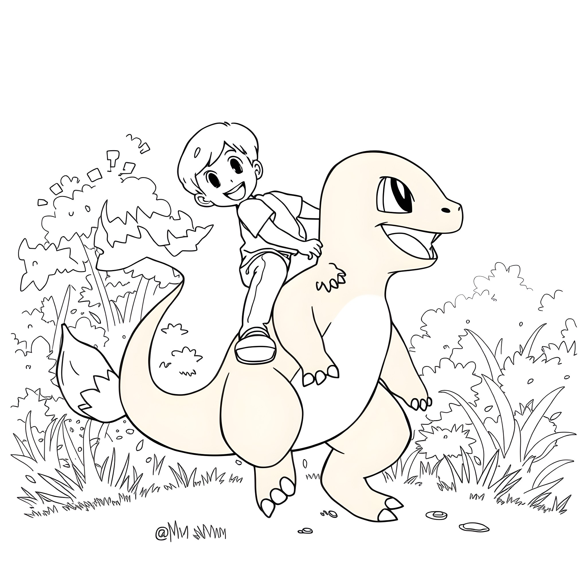 Stanley riding a friendly dinosaur in the woods Coloring Page (free black-and-white line drawing printable PDF for all, from beginners to advanced learners, including children, teens, adults, and seniors)