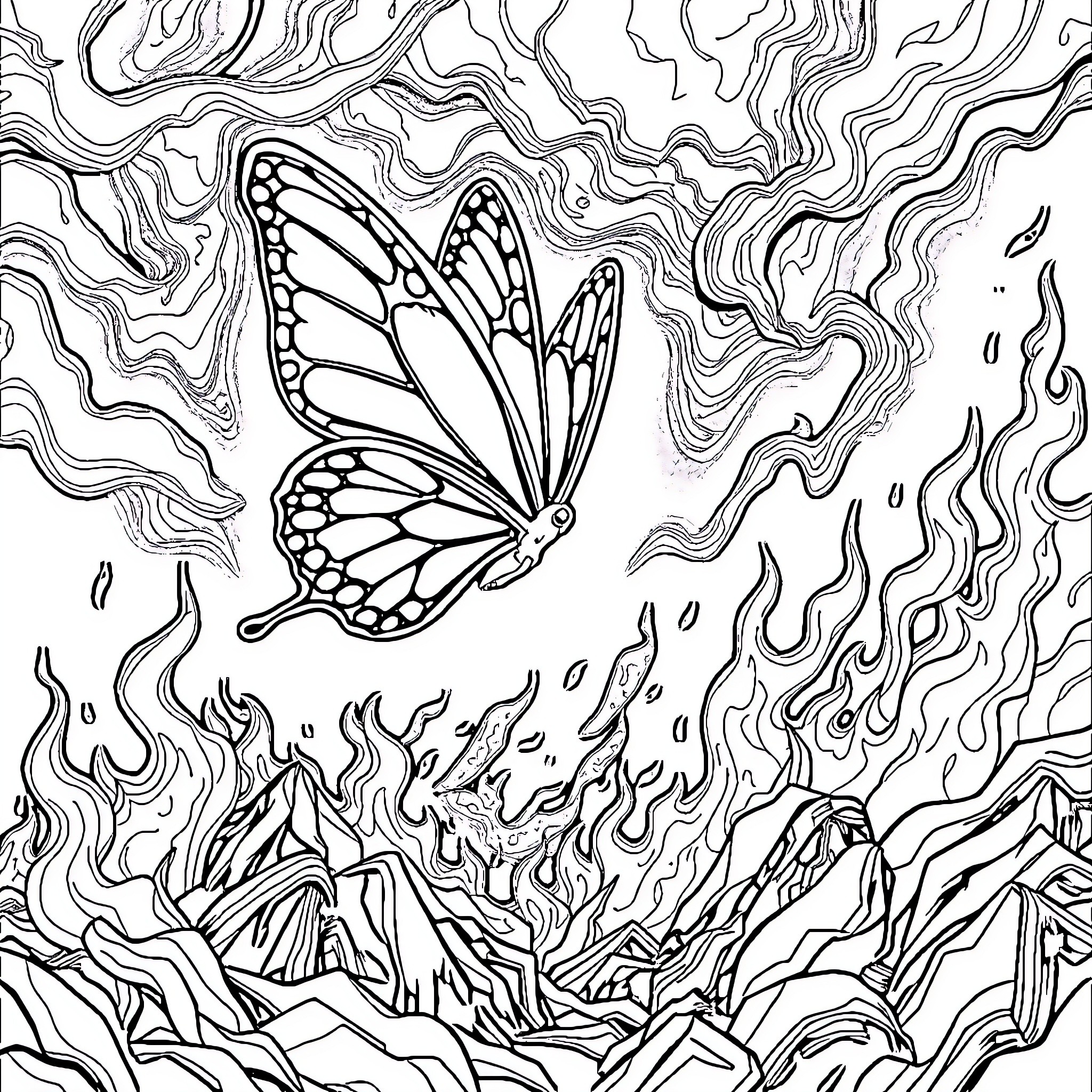 Butterfly emerging from surreal abstract landscape Coloring Page (free black-and-white line drawing printable PDF for all, from beginners to advanced learners, including children, teens, adults, and seniors)