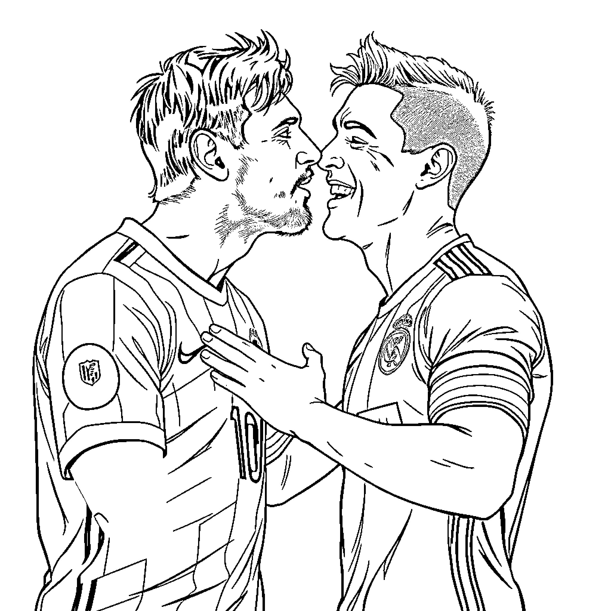 Messi and teammate sharing an emotional moment Coloring Page (free black-and-white line drawing printable PDF for all, from beginners to advanced learners, including children, teens, adults, and seniors)
