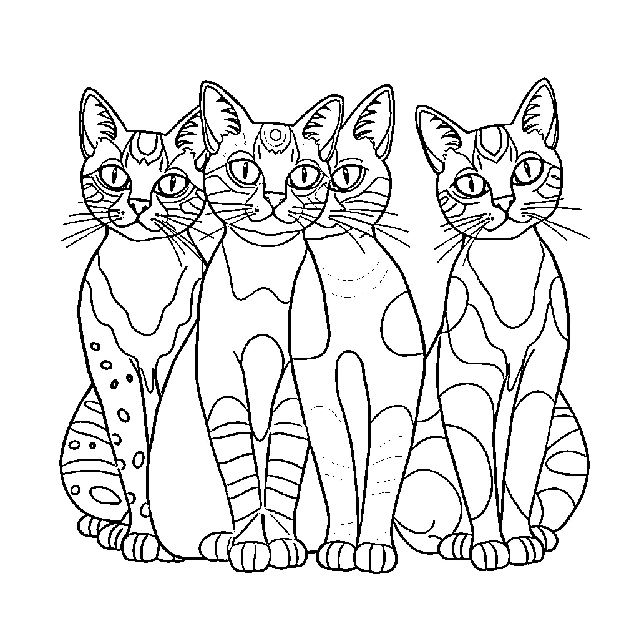 Cat Pack of Curious Felines Coloring Page (free black-and-white line drawing printable PDF for all, from beginners to advanced learners, including children, teens, adults, and seniors)